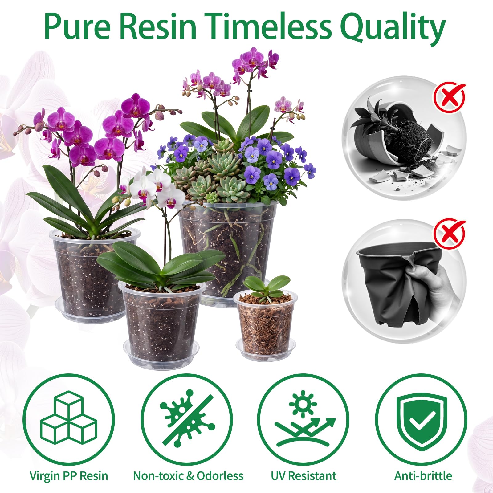 KATIMI Lot de 15 pots à orchidées avec drainage, 11 cm/15 cm/17 cm/21 cm, pots de fleurs transparents épais avec drainage, pots de fleurs en plastique transparent, pots à orchidées durables pour