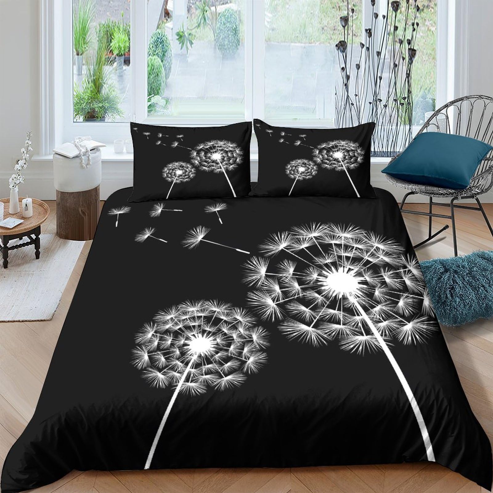 3D Printed Dandelion Art Duvet Cover Black Microfiber Bedding Set with 2 Pillowcases for Bedroom All Seasons Single（135x200cm）