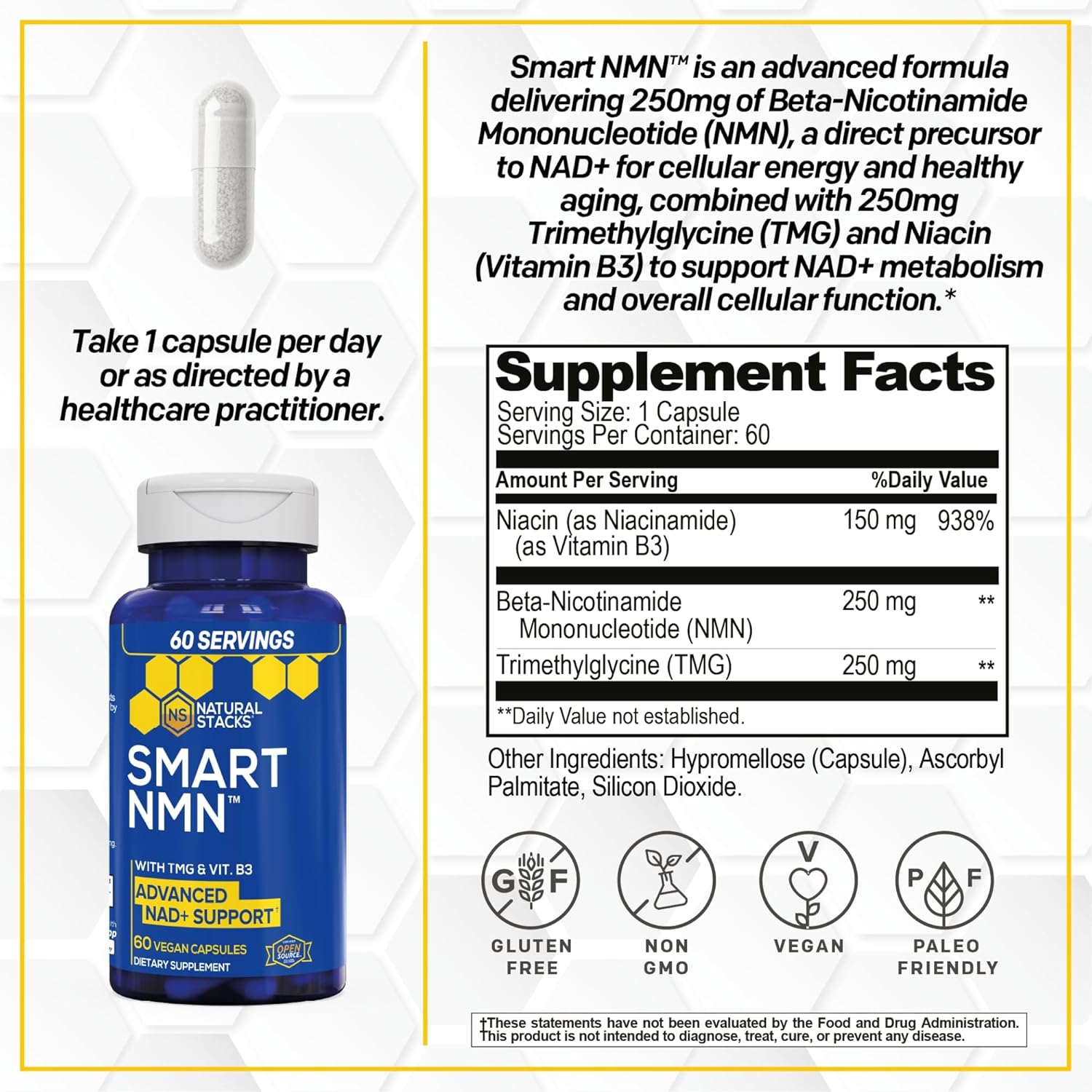 Smart NMN Supplement - Advanced NAD Supplement with Niacinamide Mononucleotide & TMG - NAD+ Production Support for Healthy Aging & Long Term Brain Health - Vitamin B3 & Trimethylgycine - 60 Capsules