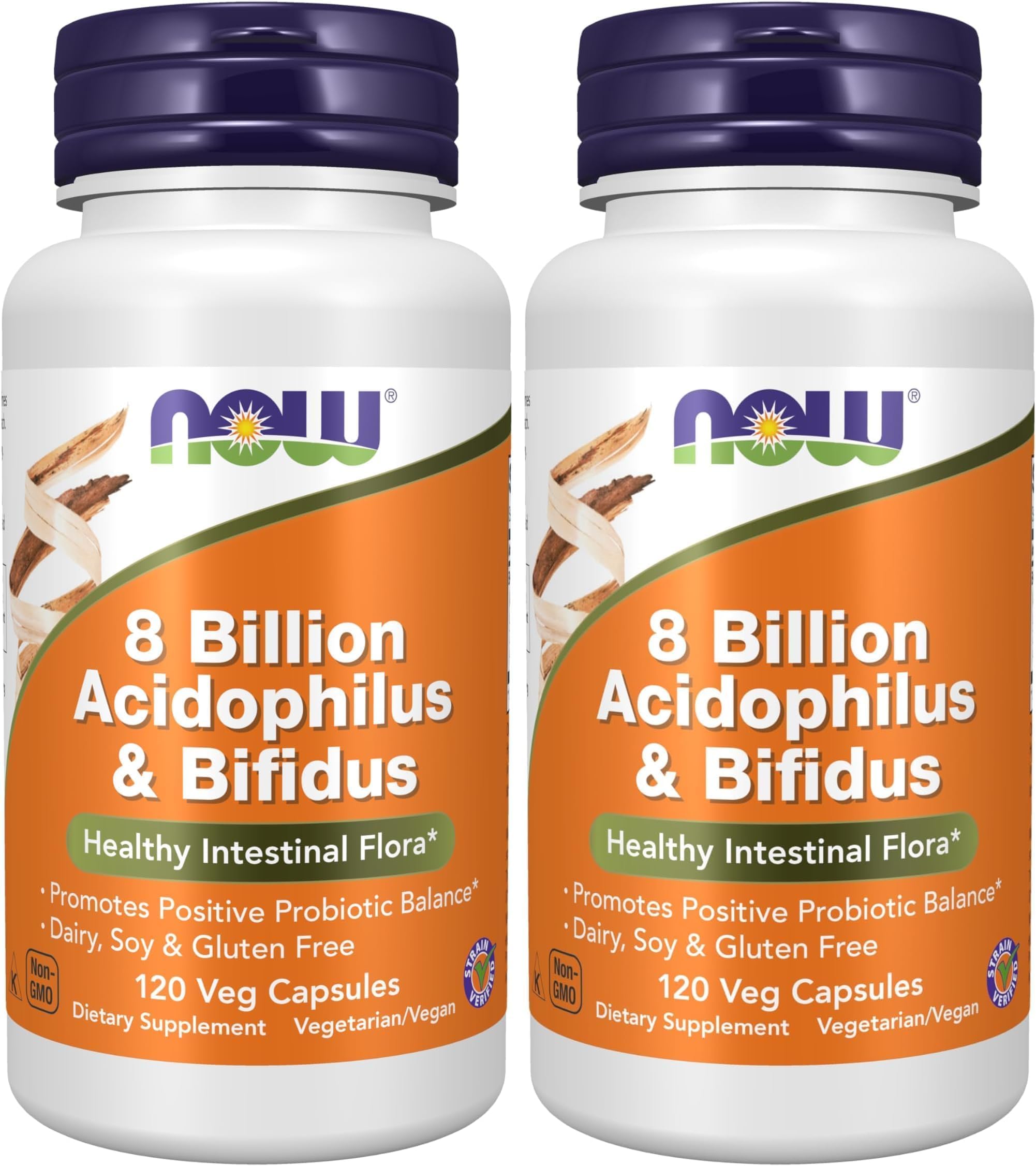 NOW Foods Supplements,8 Billion Acidophilus & Bifidus,Dairy,Soy and Gluten Free,Strain Verified,120 Veg Capsules,(Pack of 2) 120 Count (Pack of 2)