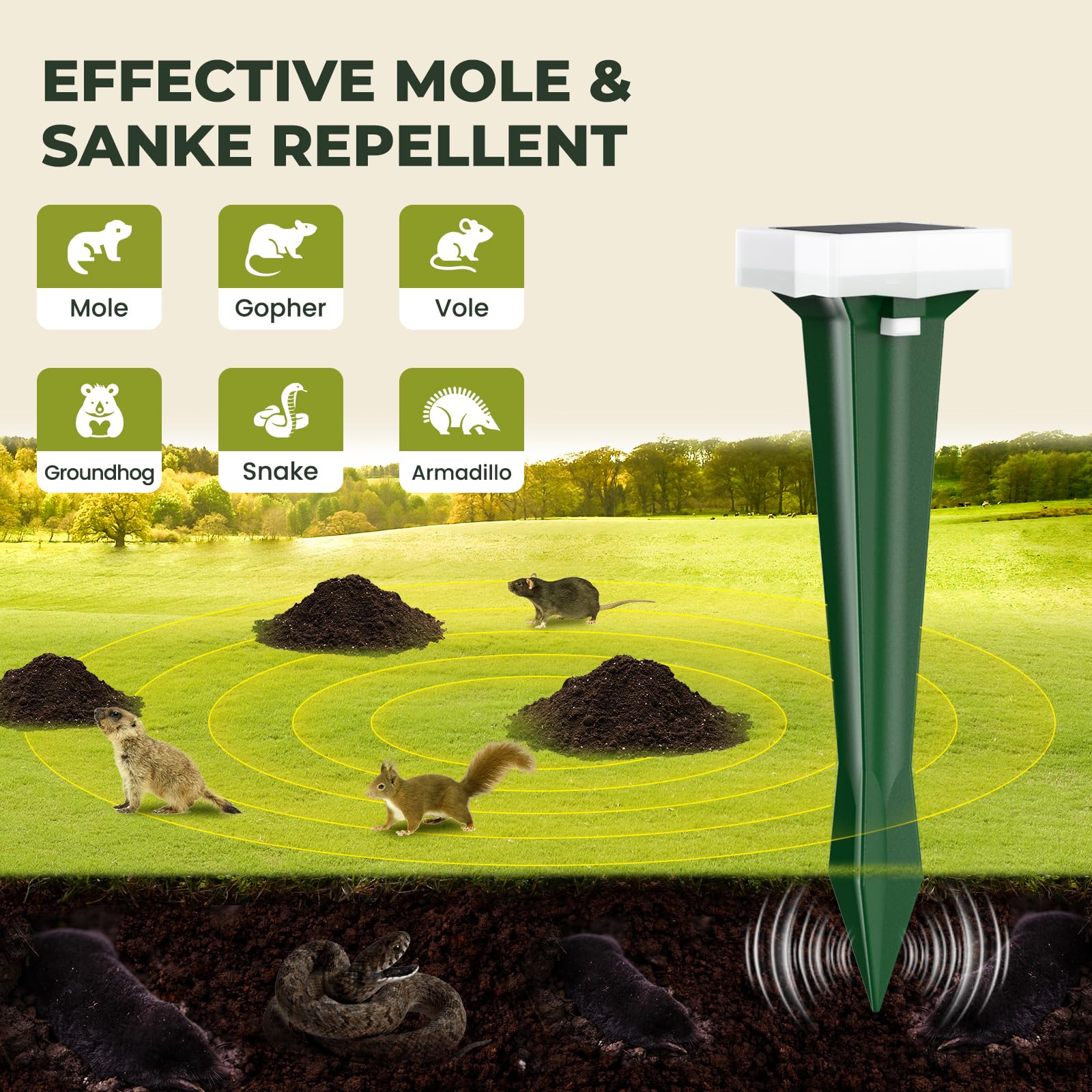 Dissuasori per Talpe, 3 Modalità di Vibrazione Scaccia Talpe con Luce LED, Solare e Impermeabile Dissuasori per Scoiattolo, Ratti e Serpenti, per Prati, Cortili e Giardini (4, Verde)