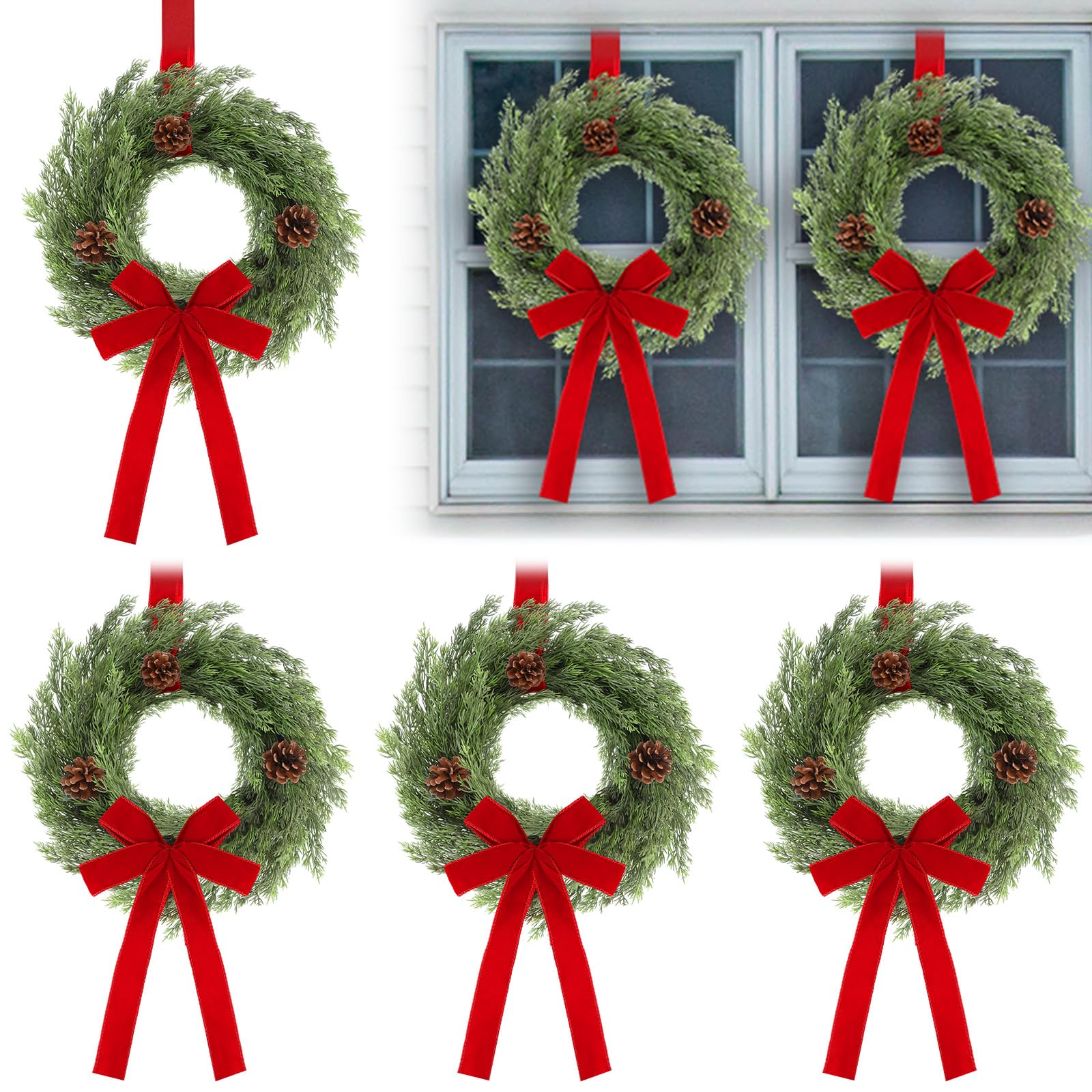 Janinka 4 Pcs Christmas Wreath for Windows 11.8 Inch Christmas Window Decorations Cabinet Wreaths with Red Bow Greenery Artificial Hanging Garlands for Fireplaces Window Home (Cedar)