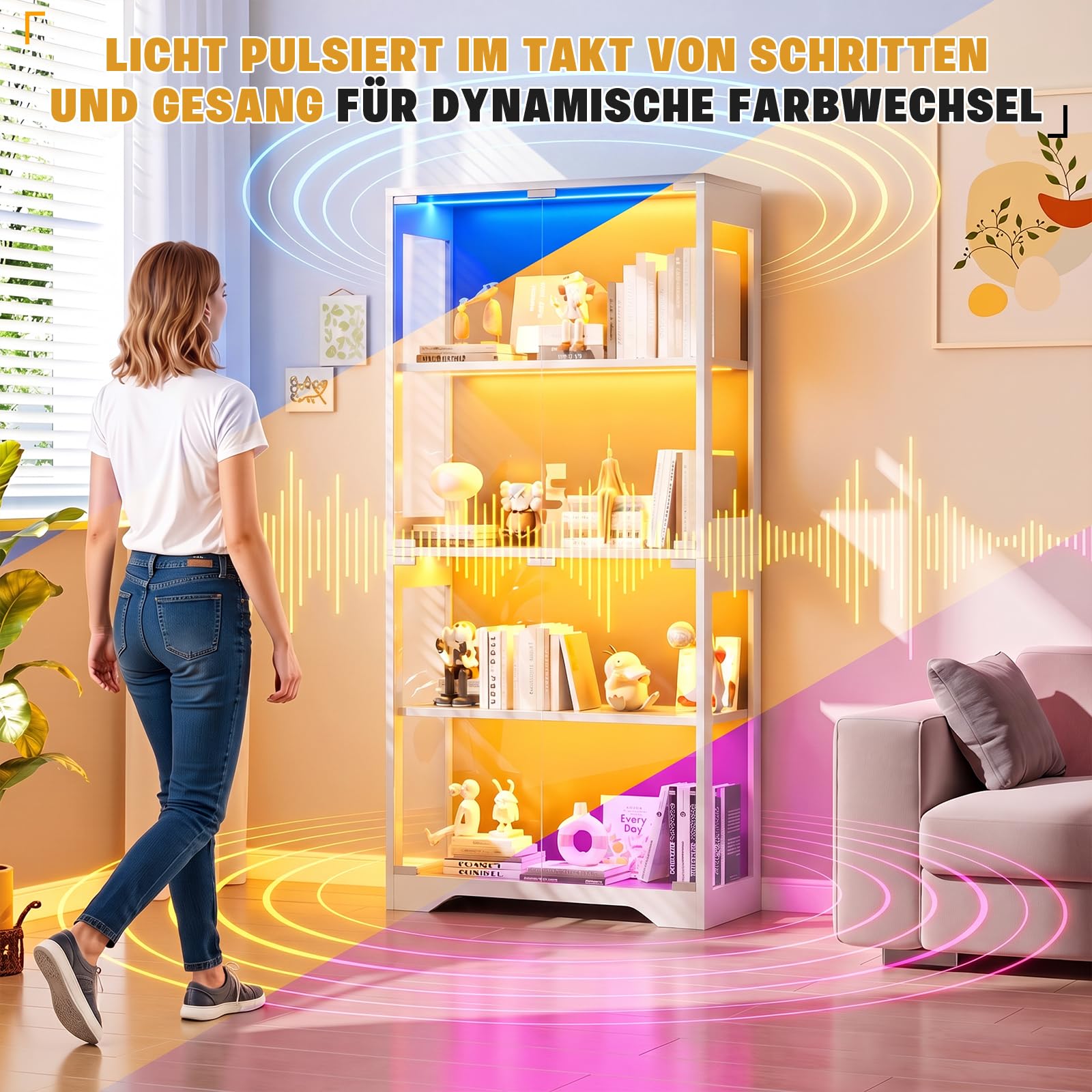 JUMMICO Glasvitrine mit RGB Beleuchtung LED, 80 x 35 x 165,5(H) cm (Weiß)
