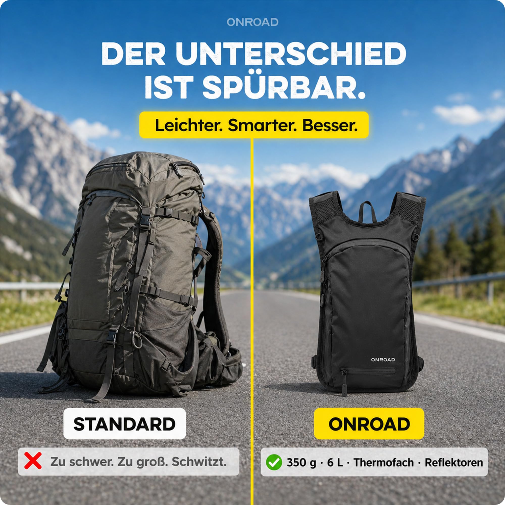 Fahrradrucksack 6L Herren & Damen ONPACK – Ultraleicht 350g – Kleiner Rucksack mit Thermofach & Helmnetz – Kleiner Fahrrad Rucksack für Männer & Damen inkl. Regenschutz, MTB Rucksack