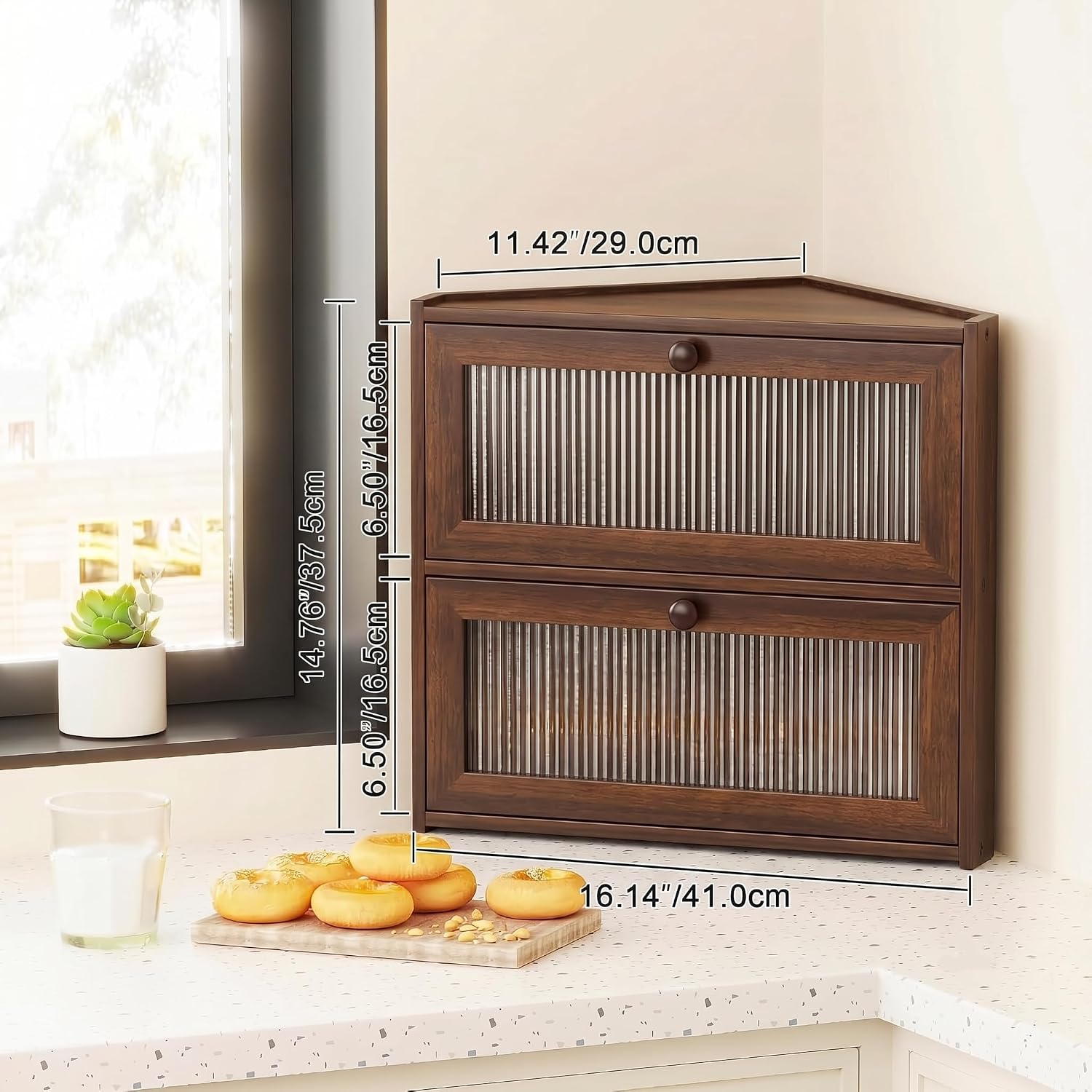 BAMBANG Corner Bread Box for Kitchen Countertop, Double Layer Bamboo Bread Storage Container with Wavy Windows, Farmhouse Large Bread Bin, Wooden Breadbox Holder for Homemade Bread (Brown) image 3