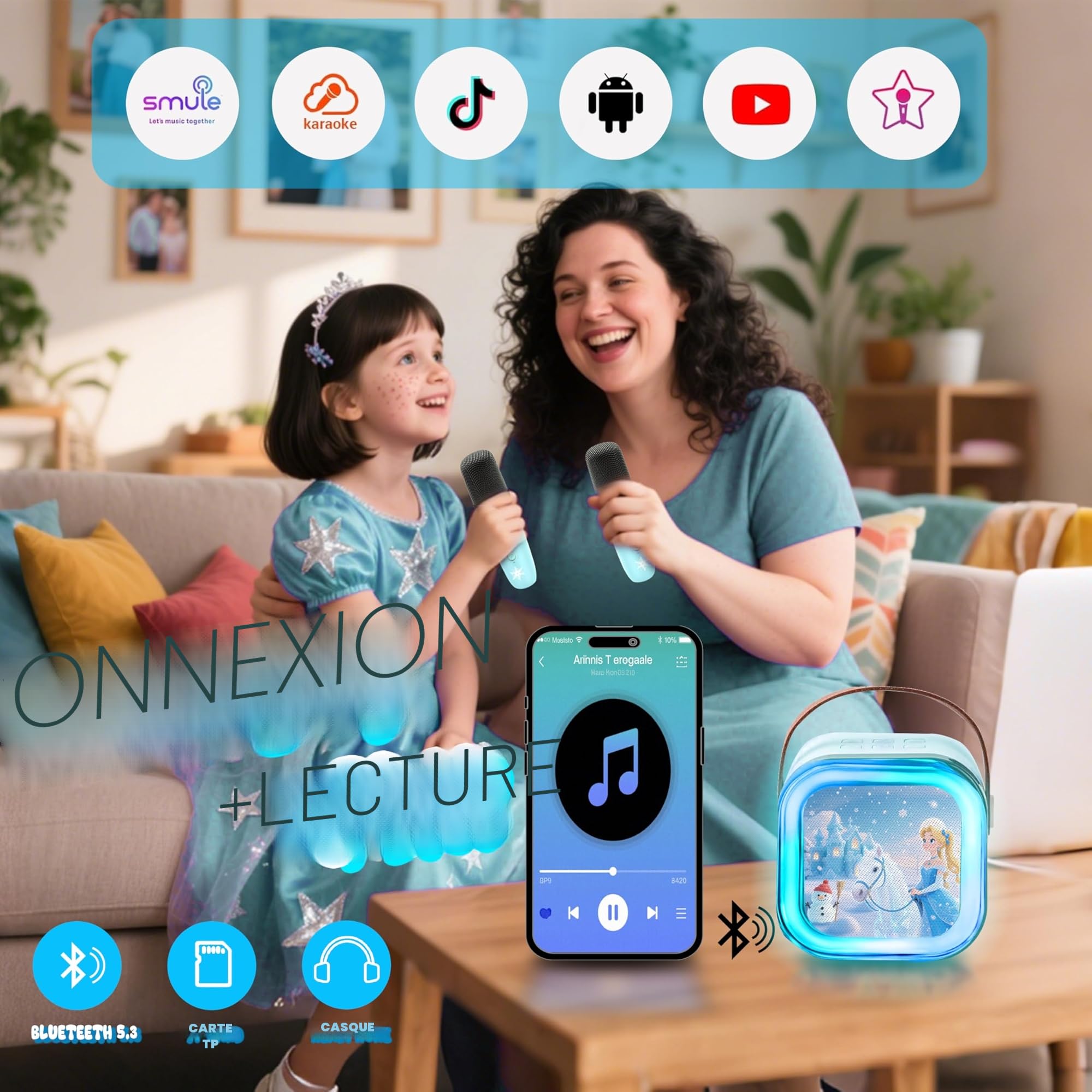 Micro Karaoke Enfant,Enceinte Bluetooth Enfant avec 2 Micros sans Fil,Micro Enfant pour Chanter, Idée Cadeau Fille 3 4 5 6 7 8 9 Ans Anniversaire,Jouet Frozen