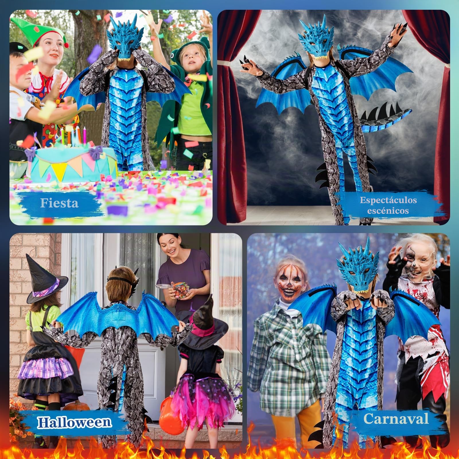 Ulikey Disfraz de Dragón Niño, Disfraz Carnaval Niño, Alas Dragón Disfraz y Máscaras, Azul Rojo Traje de Dragón, Mono, Traje de Carnaval Halloween Fiestas Cosplay para 5-12 Años Niños