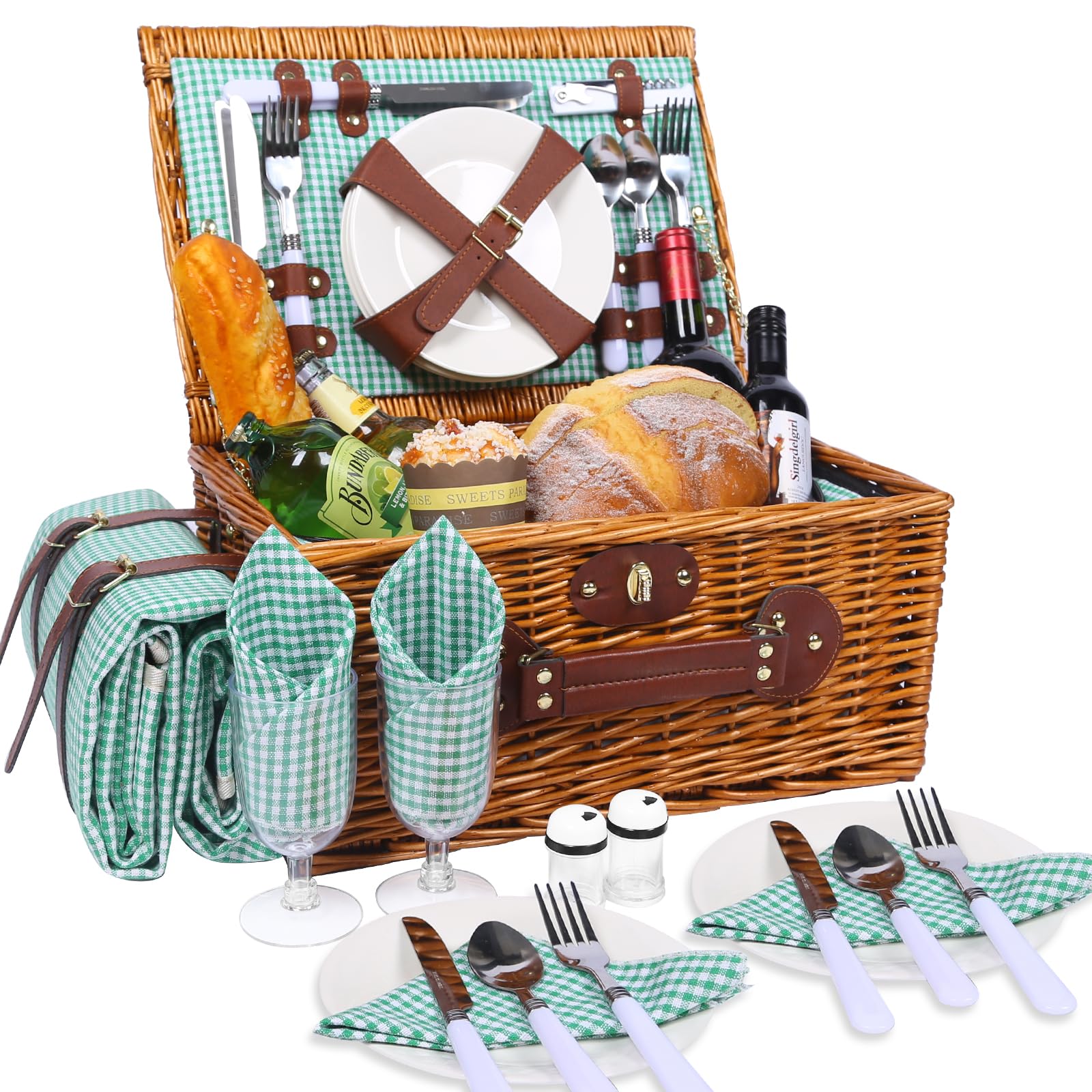Juego de cesta de picnic para 4 personas con compartimento refrigerador y manta de picnic impermeable, correa extraíble, bolsa de vino, juego de cubiertos, para camping, playa, senderismo,