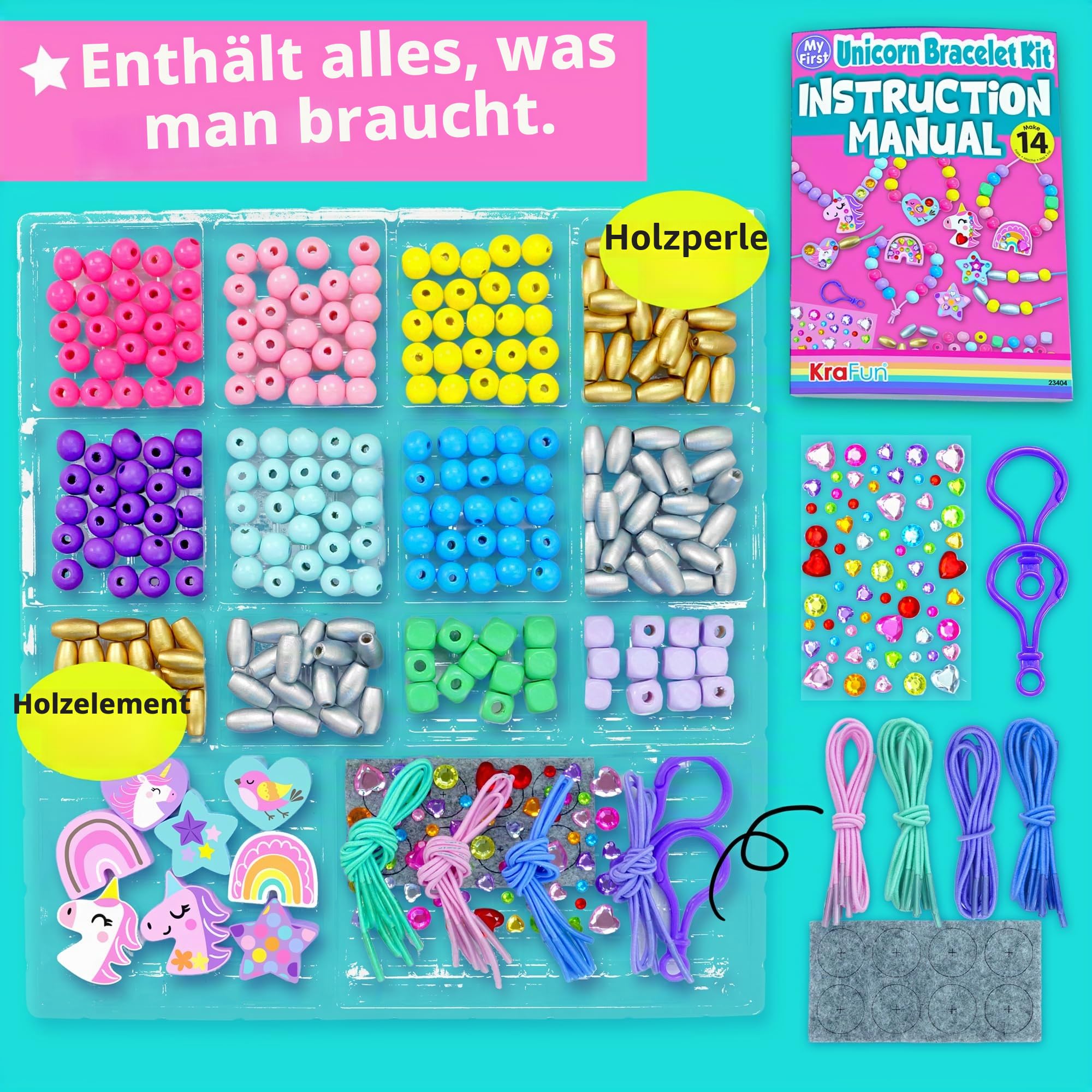 KRAFUN Einhorn-Armband-Bastelset für Kinder im Alter von 5–12 Jahren, 14 DIY-Kunst- und Bastelprojekte mit Freundschaftsarmbändern, Charms, Perlen, Edelstein-Aufklebern, Anleitung, pädagogisches