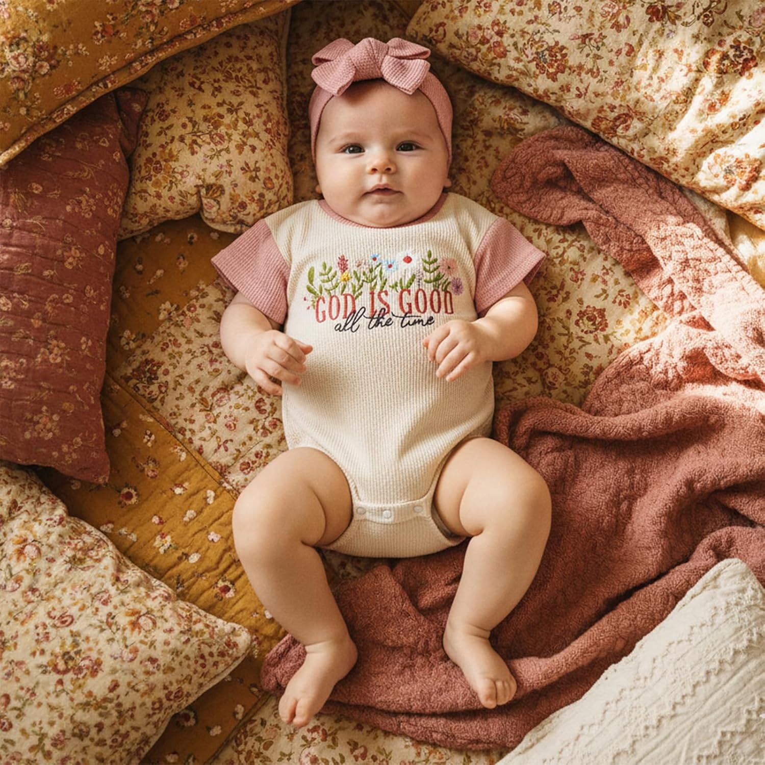 Baby Girl Christian Clothes God is Good Embroidery Bubble Romper Waffle Short Sleeve T-Shirt Bodysuit Summer Outfits - Image 3