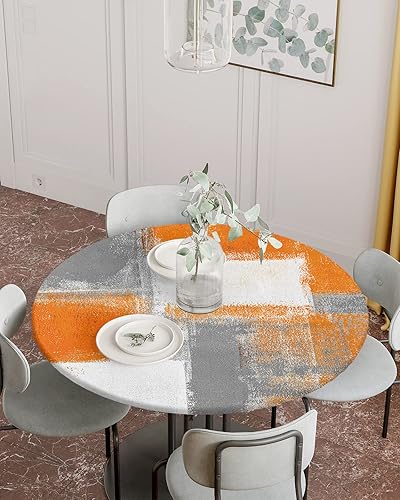 Miniatura 2 de Mantel redondo de cocina de bloque gris naranja con borde elástico, mantel ajustable de pintura al óleo para mesas redondas, moderno arte geométrico
