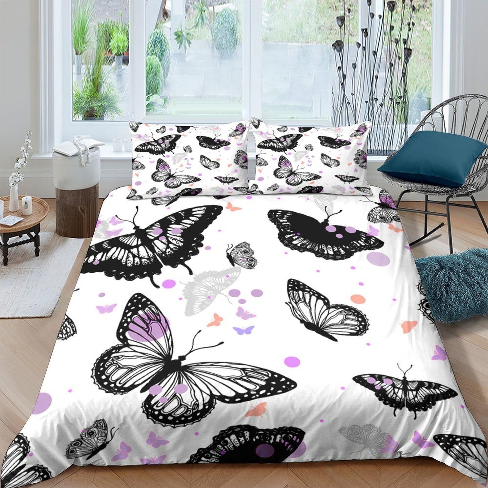 Ctjqhvkz Style-1 3D Printed Butterfly Garden Fitted Sheet Microfiber Black White Purple Bed Cover For Bedroom Guestroom Decor Single（135X200cm）