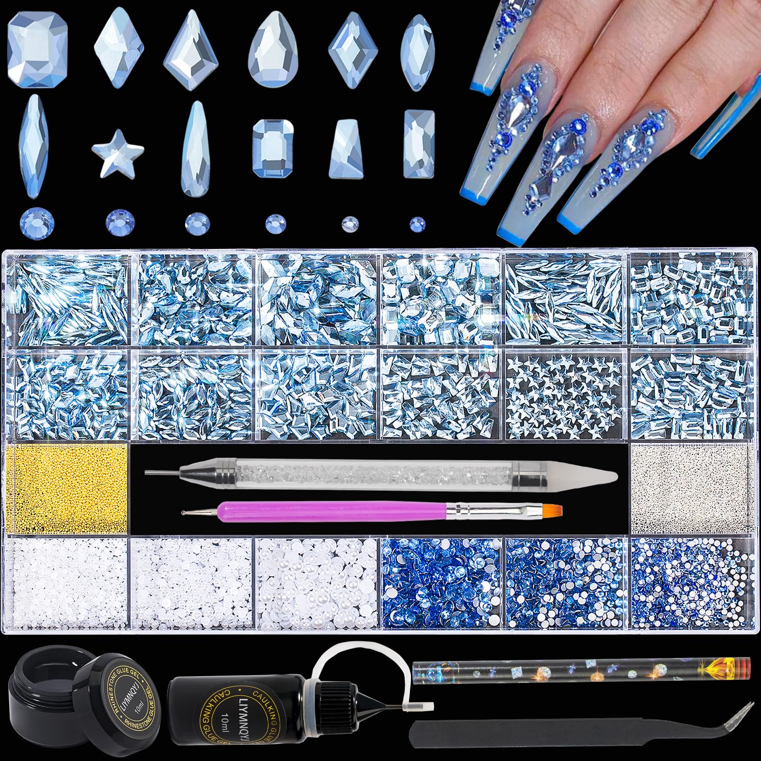 Nail Rhinestones Kit 9080PCS Flatback Rhinestones for Nail Crystals Decoration Nail Hearts Multi Shapes Mix Size and Metal Beads Pearl Gold Silver with glue gel and Pen brush tweezers(Light Blue)
