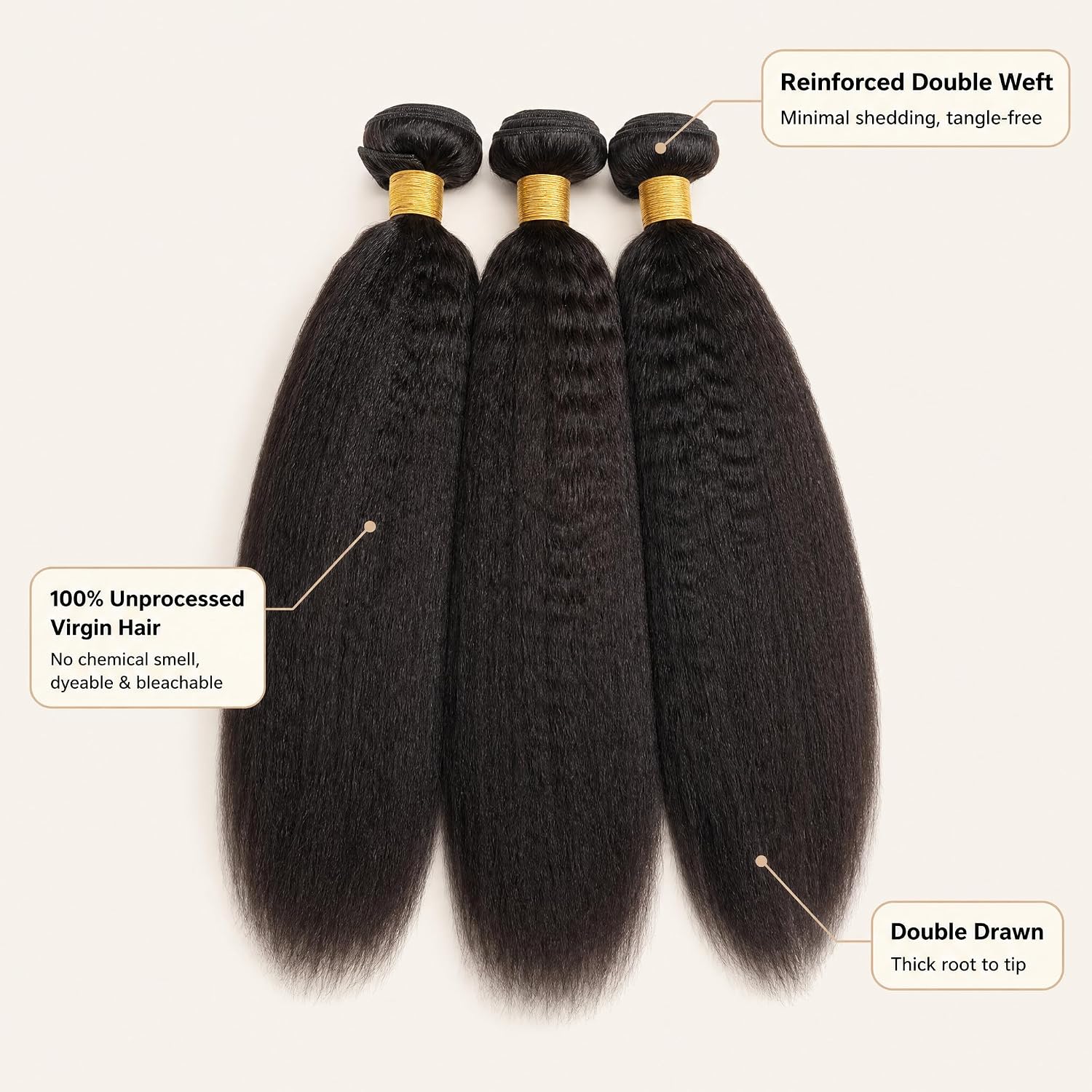 12A Kinky Straight Yaki Human Hair Bundles, 3 Bundles 18 20 22 Inch Unprocessed Brazilian Virgin Remy Hair Extensions, Sew In Natural Black Glossy Weave