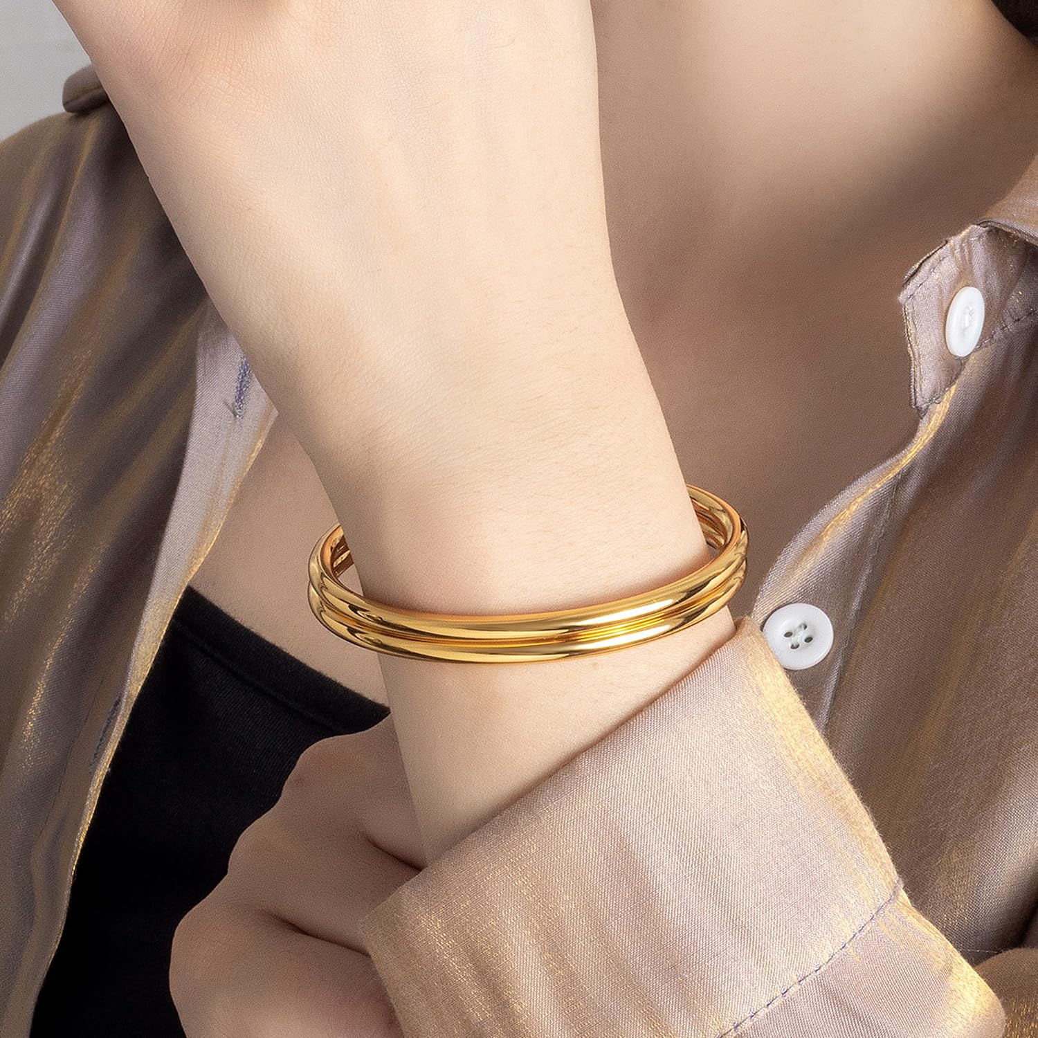 Dankadi Bracciale rigido lucido rotondo largo 4 mm in 925 argento per donna, set bracciale placcato oro liscio semplice classico Φ 60-65-68 mm per regalo di compleanno festa della mamma amica
