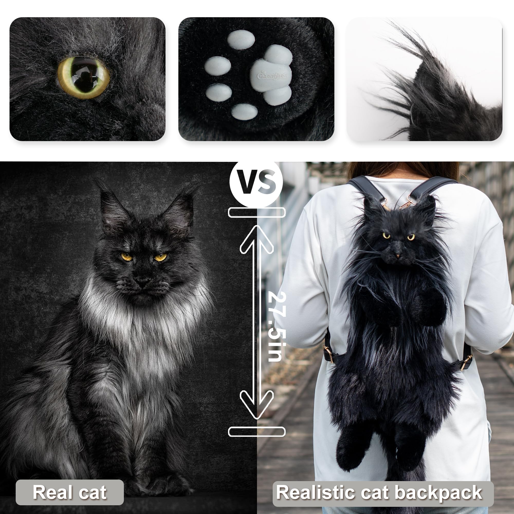 Chongker Juguetes de peluche hechos a mano realistas de peluche compañero de mascotas regalos para mujeres cumpleaños aniversario (bolsa negra), Mainecoon Negro, L