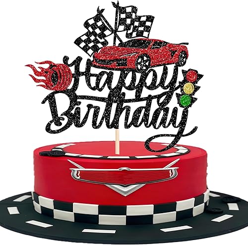 Vista 23 de 1 paquete de dos decoraciones rápidas para tartas de auto de carreras de 2º cumpleaños, bandera a cuadros, decoración temática de niños o niñas de 2
