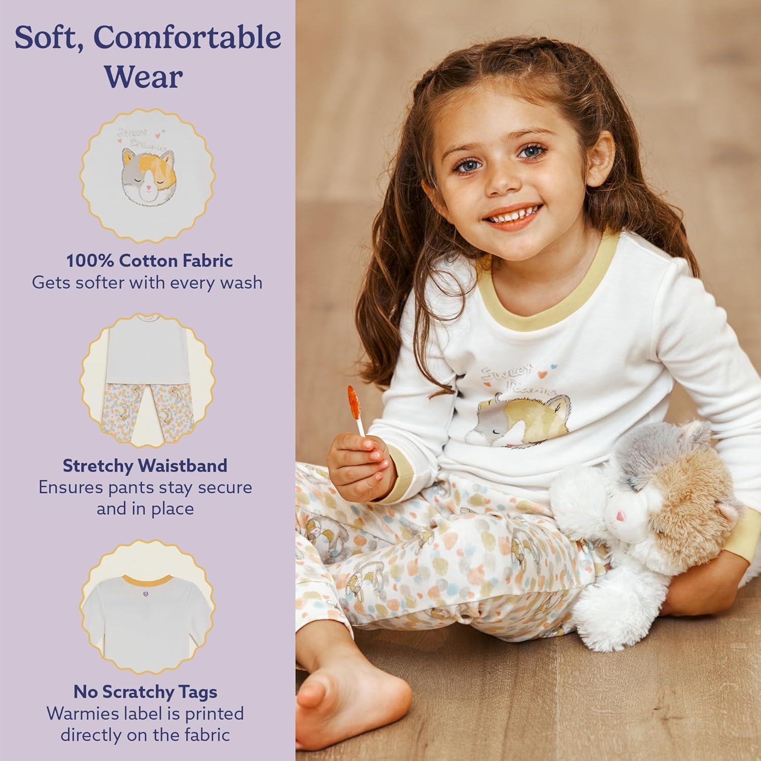 warmies Unisex Pajamas for Toddler Boys & Girls - 100% Cotton Fabric Children Sleepwear - Calico Cat Animal Print Pattern - Image 3