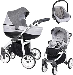 Kunert cochecito de bebé MASTER silla de paseo silla de coche asiento de bebé juego completo 3 en1 (Saco gris, Color del marco: Blanco, 3en1)