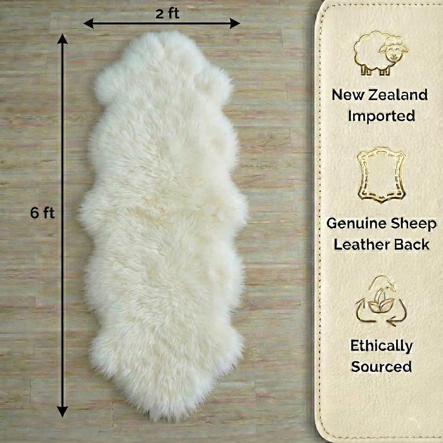 Woolous Genuine New Zealand Sheepskin Double Pelt Rug - Handmade Sheep Skin Runner Rug, Soft Thick Natural Bedside Area Rug for Bedroom and Living Room Decor, 2x6 ft