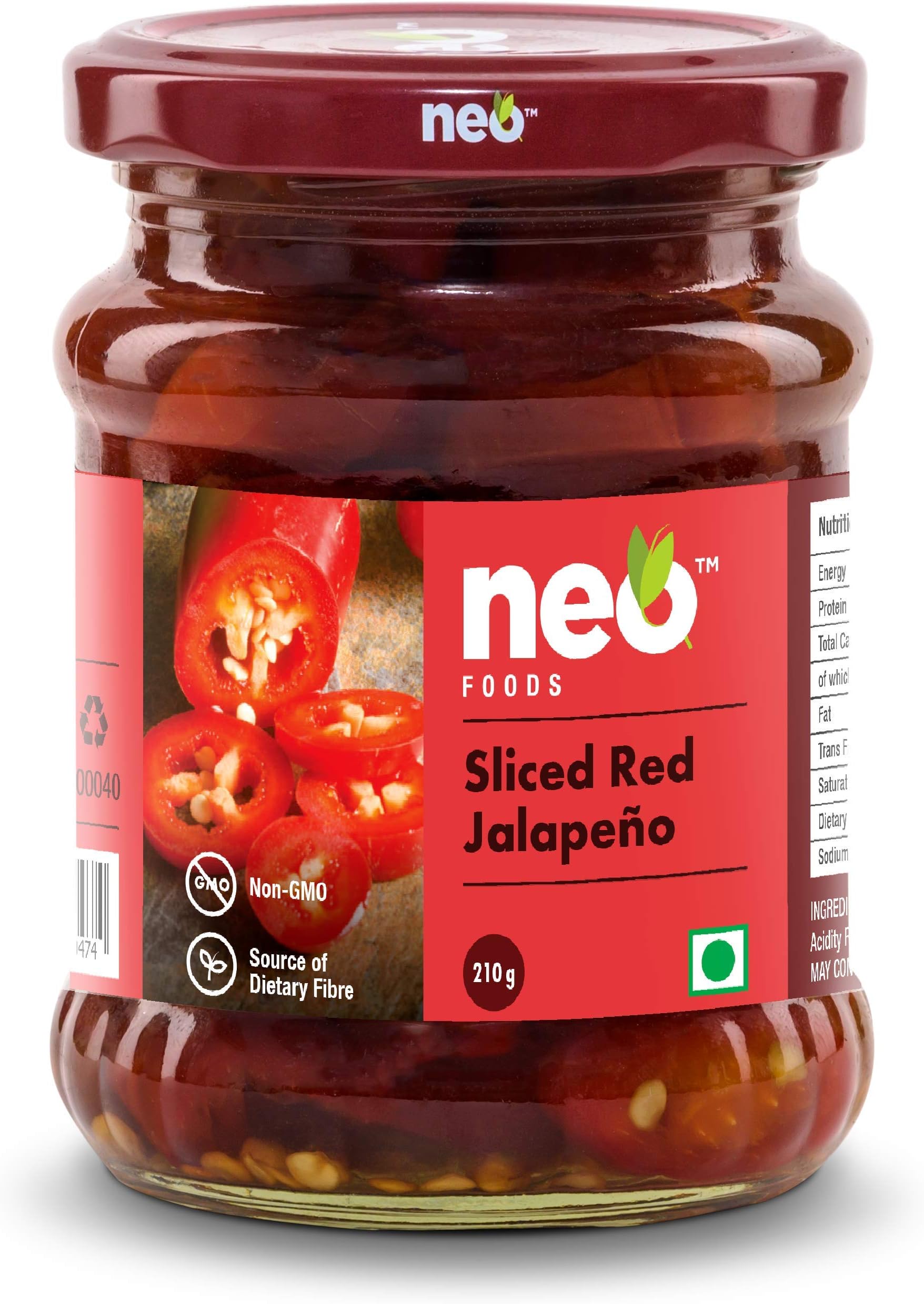 Neo Sliced Red Jalapenos 210g I 100% Vegan I Ready-to-Eat Fibre-Rich Topping for Pizza, Pasta, Snacks and Salads, Non-GMO I (Pack of 1)