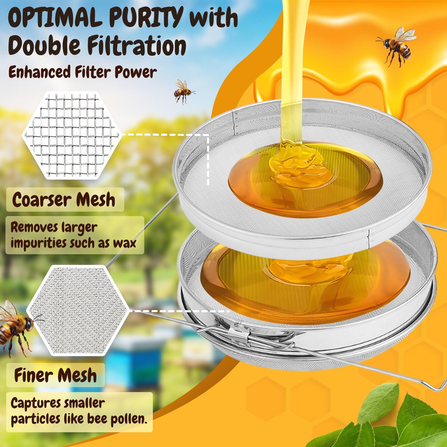 Flexzion Colador de Miel de Acero Inoxidable, Filtro de Doble Capa con Brazos Extensibles, Mallas Finas/Gruesas Filtran el Polen de Abeja, Impurezas, Equipo Esencial de Apicultura