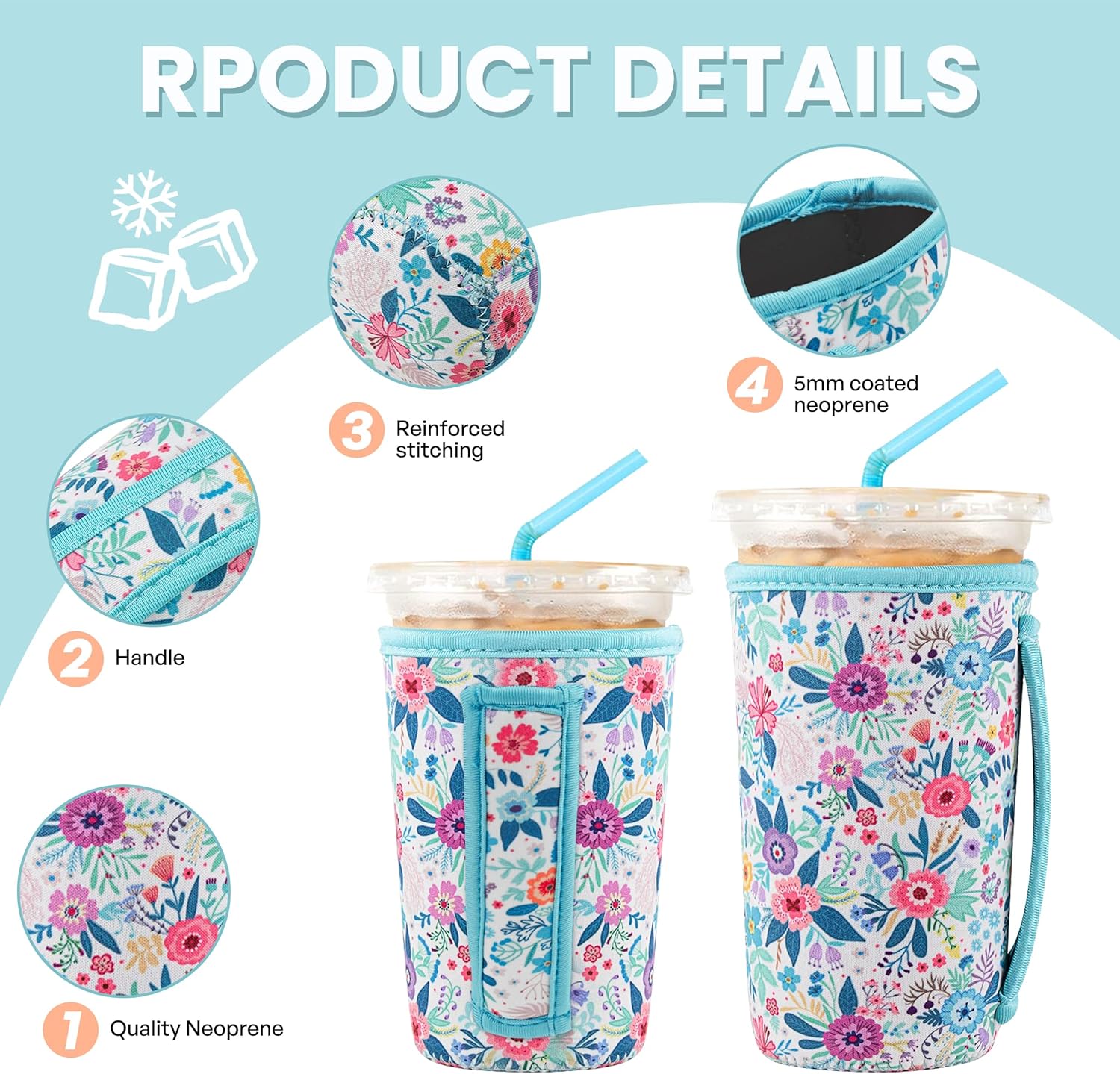 3 Pack Reusable Iced Coffee Sleeves for Iced Coffee Cups or Drinks Reusable Neoprene Insulated Sleeves for Hot and Cold Drinks from Starbucks, Dunkin, And More (White Flower Bush) - Image 4