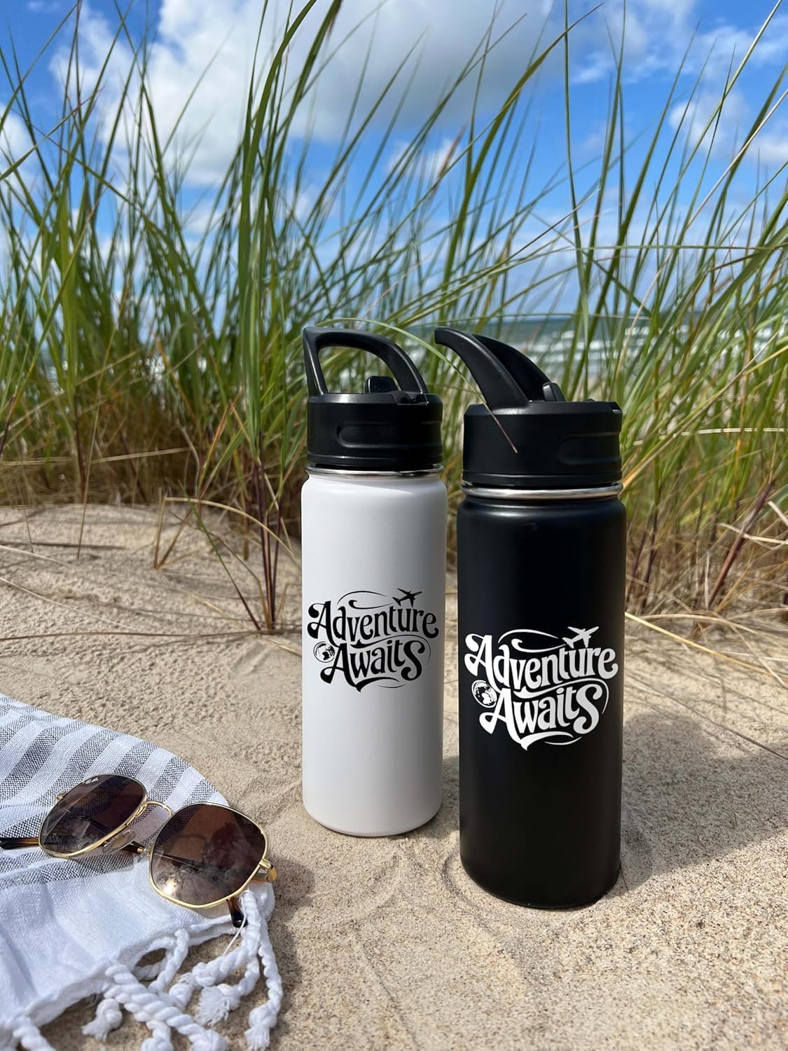 Adventure Awaits Personalized Stainless Steel Water Bottle, Vacuum-insulated, 18 or 32 ounce Size, Keeps Liquids Pipping Hot or Icy Cold! (Straw or Mouthtop). Adventure Bottle. Made in America.
