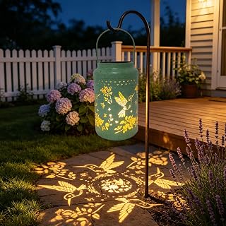 Solar Lanterns Outdoor Waterproof with Shepherds Hook Hummingbird Pattern | Green Metal Hanging Lantern, Hummingbird Light Pattern, Decorative Solar Lantern for Yard Patio Porch, Garden Gifts for Women