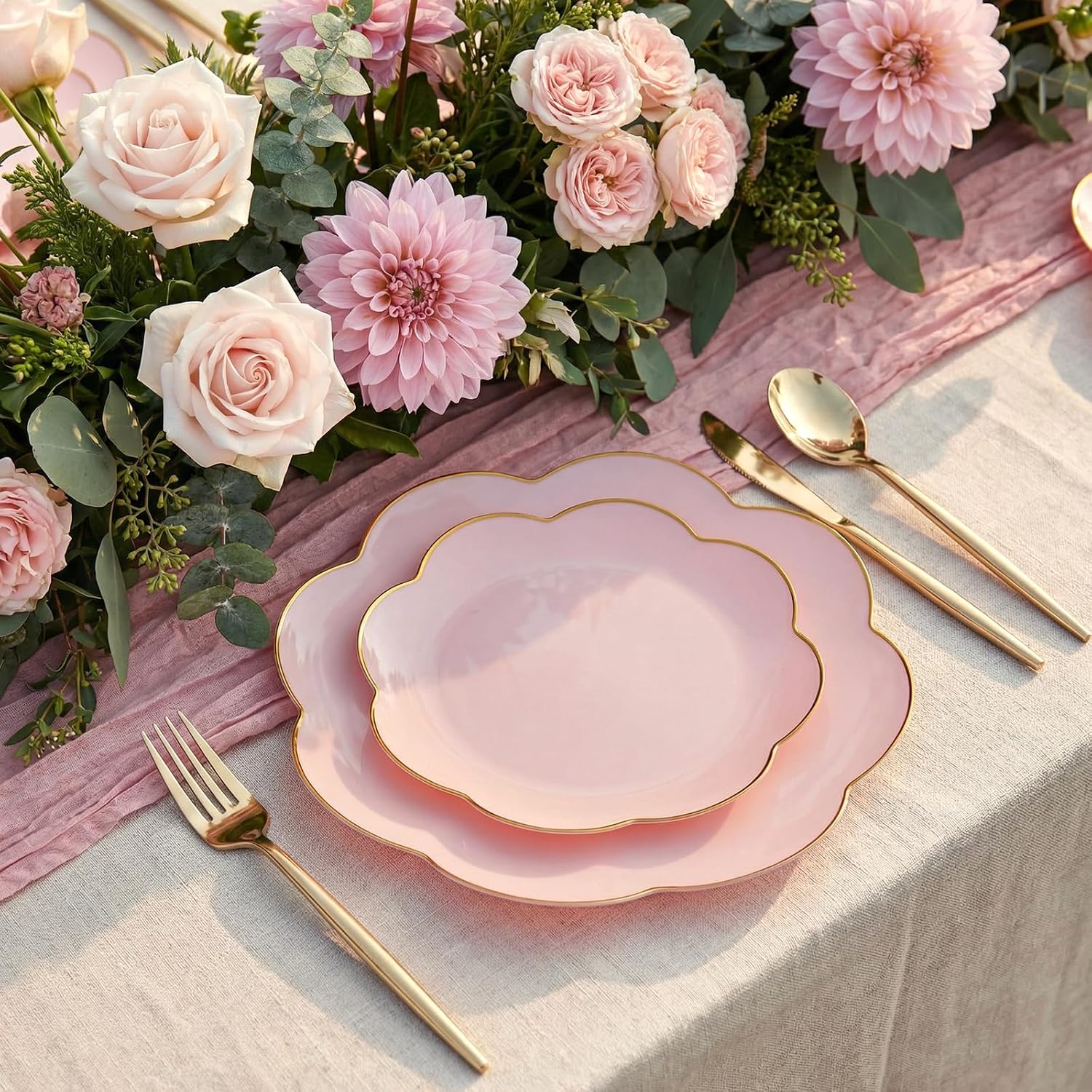supernal 60pcs Pink Plastic Plates with Gold Rim Heavy Duty Scalloped Plastic Plates Disposable Includes:30 Dinner and 30 Dessert Plate Perfect for Easter Mother's Day and Valentine's Day