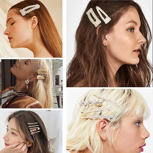 Miniatura 2 de Accesorios para el cabello para mujer, 18 piezas hechas a mano con pasadores de perlas de simulación, juego de clip geométrico de flores y