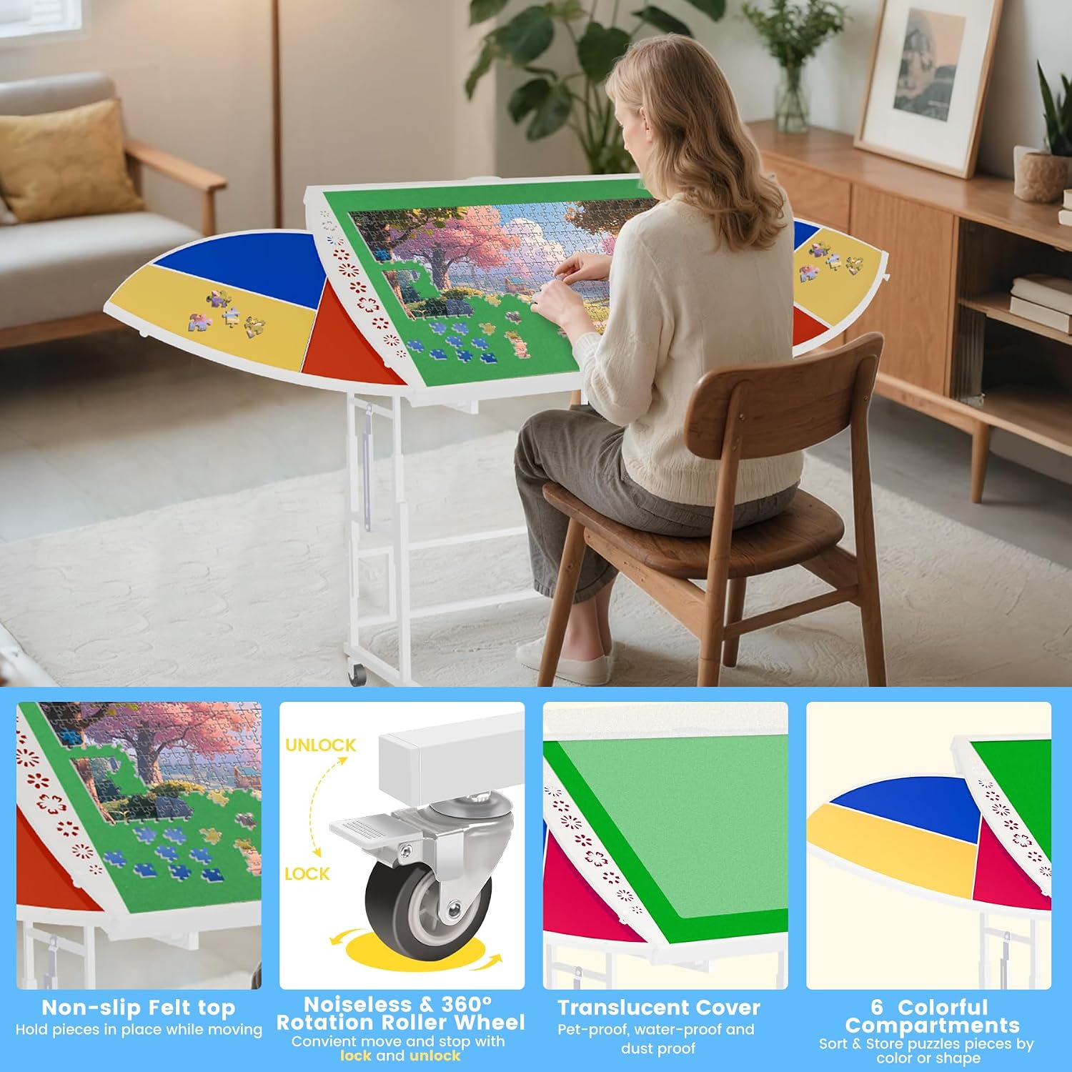 1500 Pieces Tilting & Rotating Puzzle Table with 6 Drawers & Cover, 38.8"x24" Adjustable Metal Puzzle Table with 5 Tilt Angle & 10 Height Adjustment, Portable Puzzle Tables with Legs for Adults