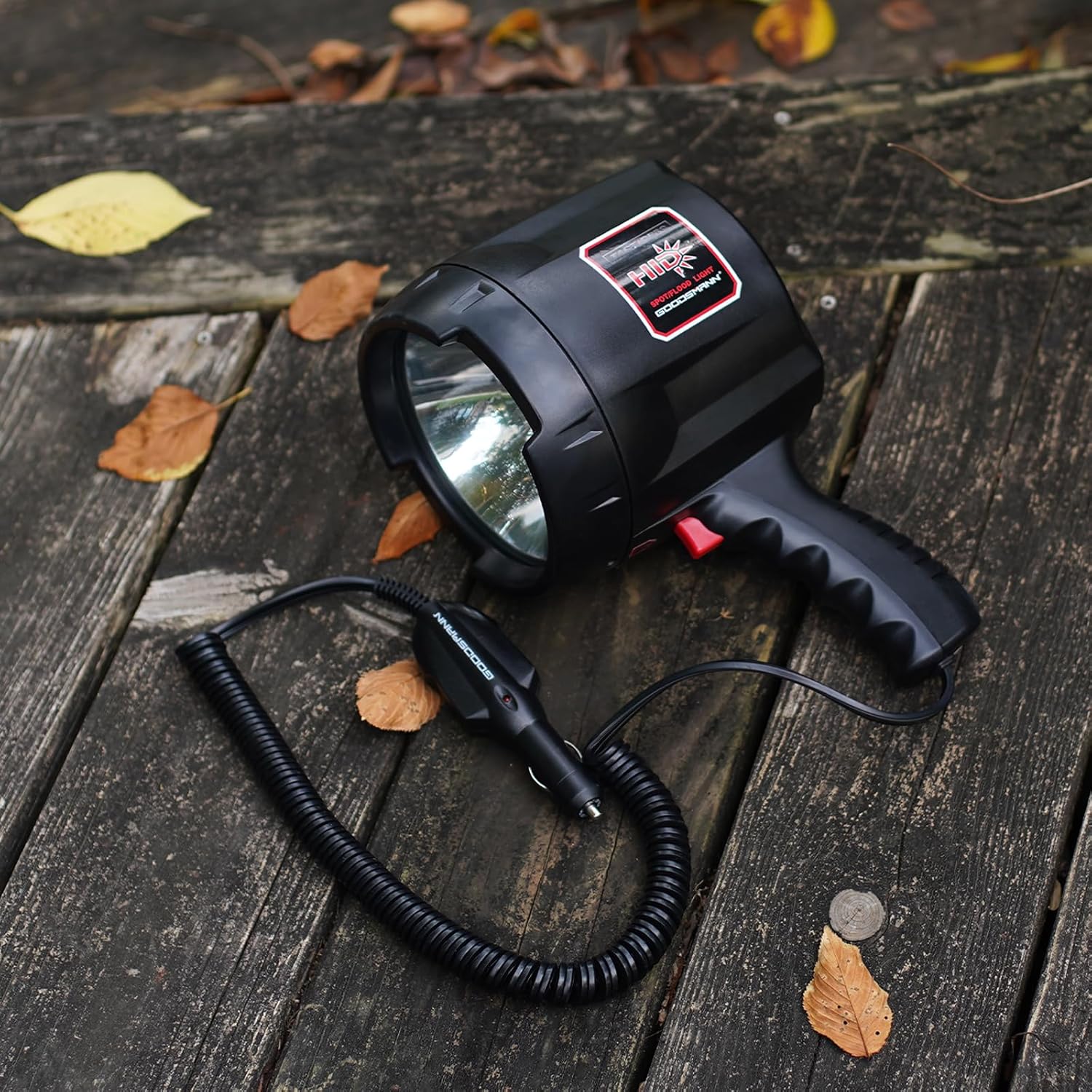 GOODSMANN Handheld Spotlight up to 2000 Lumen HID Spot Light with 12V DC Car Charger Trigger Activated Floodlight Camping Flashlight for Sailing Patrolling Fishing Hunting Hiking Road Trips