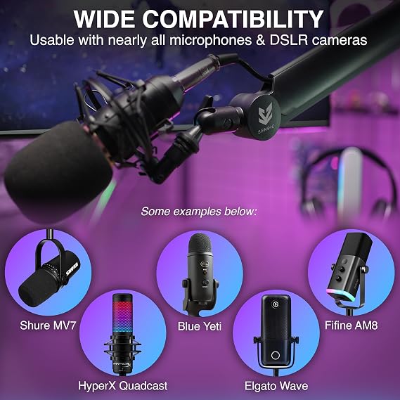Sensic SA-30 Microphone Boom Arm, 360 Rotatable Mic Stand with 6 inch riser, Microphone Holder with 1/4, 3/8 and 5/8 Adapters, Professional Microphone Arm with Accessories, Mic Boom Arm Black