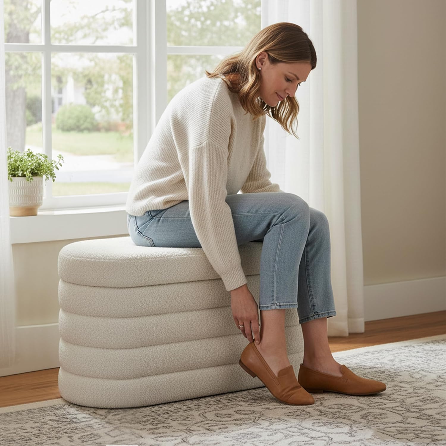 GLAXYFUR Storage Ottoman Bench, 30 Inch Upholstered Entryway Shoe Seat, Blanket Chest for Living Room, Hallway, Sherpa White