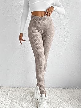 WDIRARA Women's Elastic Waist Leggings Ribbed Knit Casual Long