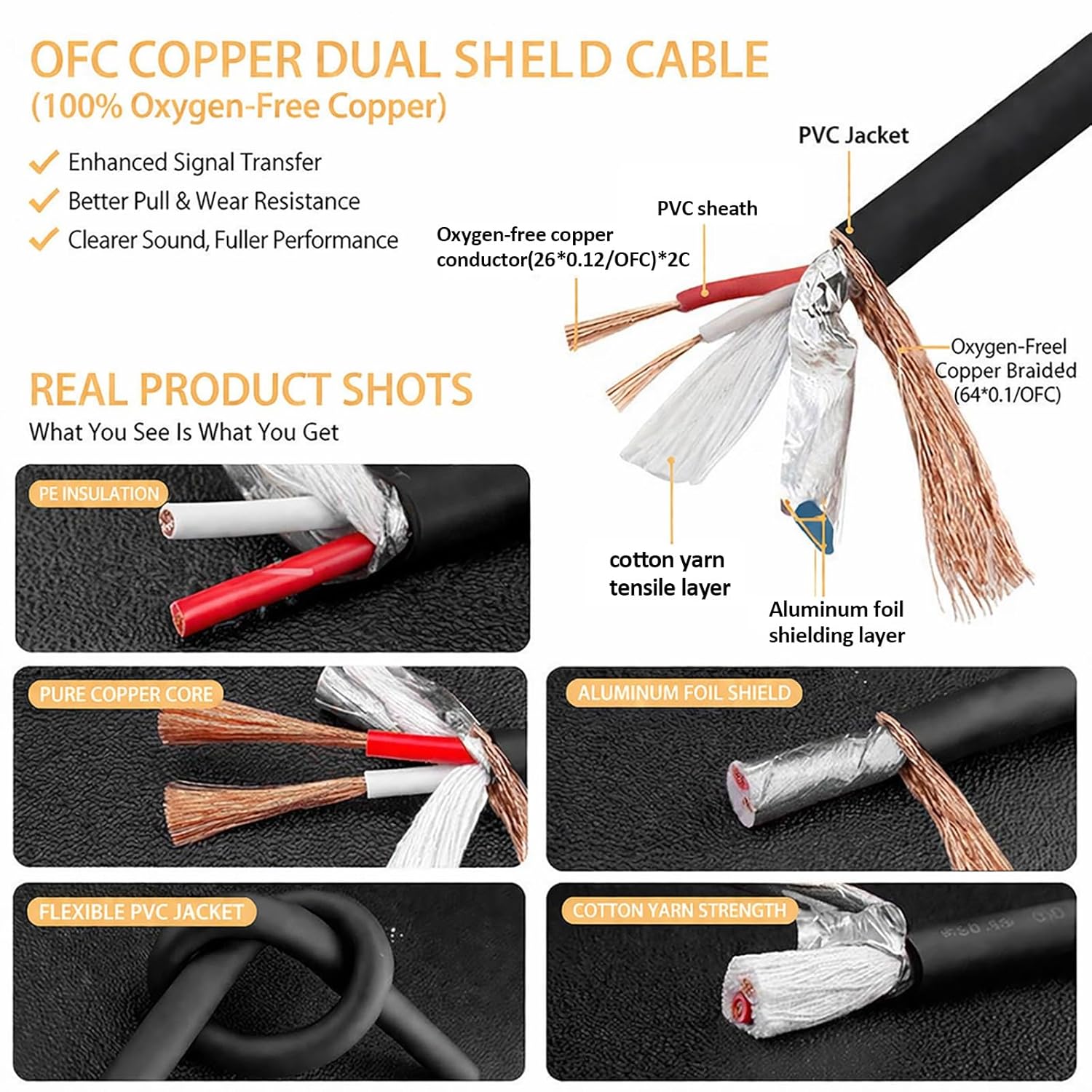 6.0mm 4N Shielded Audio Cable, Aluminum Foil and Braided Shield, PVC Jacket, Low Noise Signal Wire for Microphone, KTV, Stage and Sound System(128 Braided Shield,30FT)