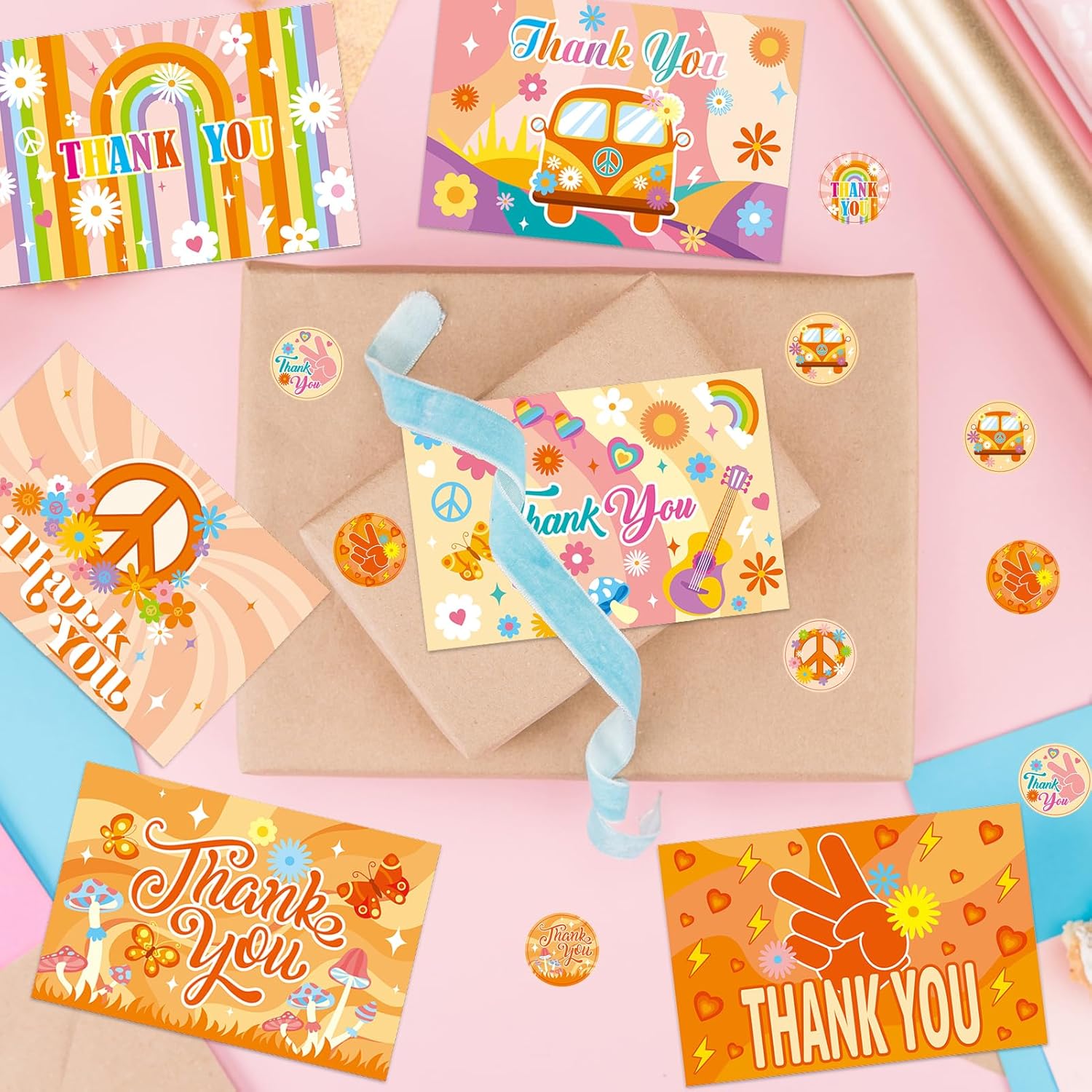 24 Pack Retro Thank You Cards,Groovy Hippie Boho Rainbow Flower Greeting Cards with White Envelops and Matching Sealing Stickers for Thanksgiving Birthday Thank You Theme Party Supplies - Image 5