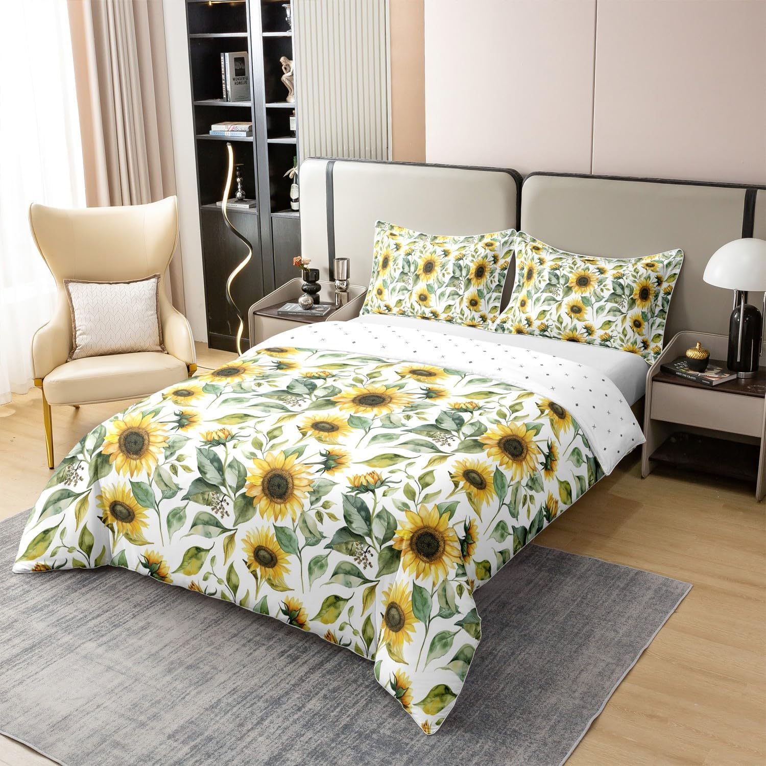 Feelyou Sunflower Bedding Set Queen Size Yellow Sunflower 100% Cotton Duvet Cover for Kids Boys Girls Teens Botanical Flower Comforter Cover Set Green Yellow Bedspread Cover Zipper,No Comforter