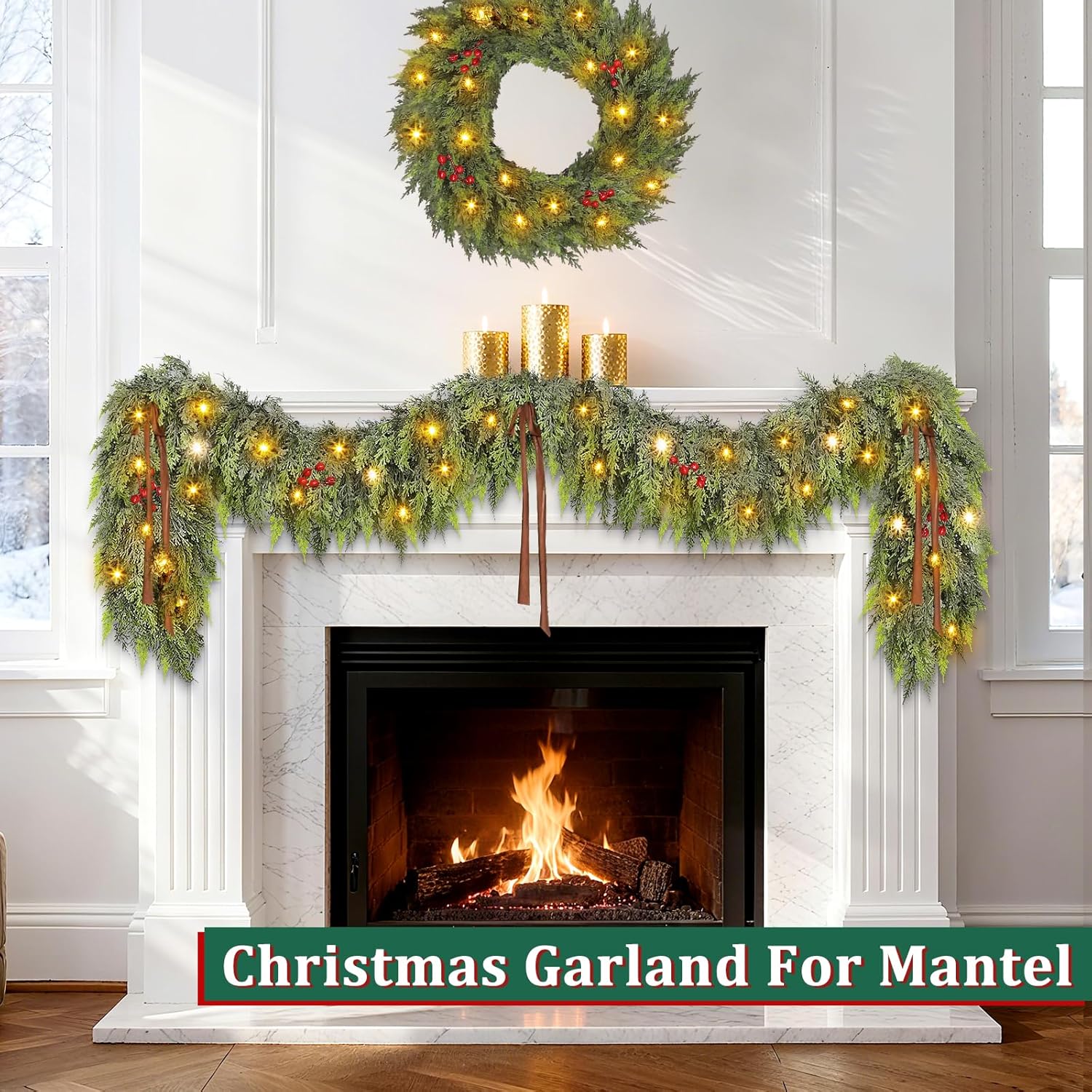 Thicker&Timer - 6 Ft by 12 Inch Real Touch Cedar Garland with Lights Realistic Soft Thickness Christmas Garland, Lighted Faux Pine Garlands Cypress Garlands for Fireplace Mantle Table Indoor Outdoor
