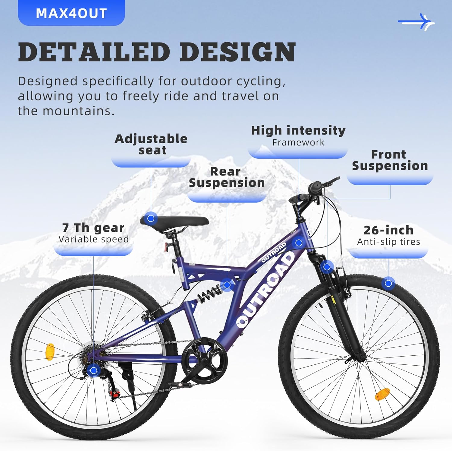 Betterland 26 inch Mountain Bike,7-Speed &High-Carbon Steel Cycing Bicycles, Dual Suspension Fork for Men Women Adult