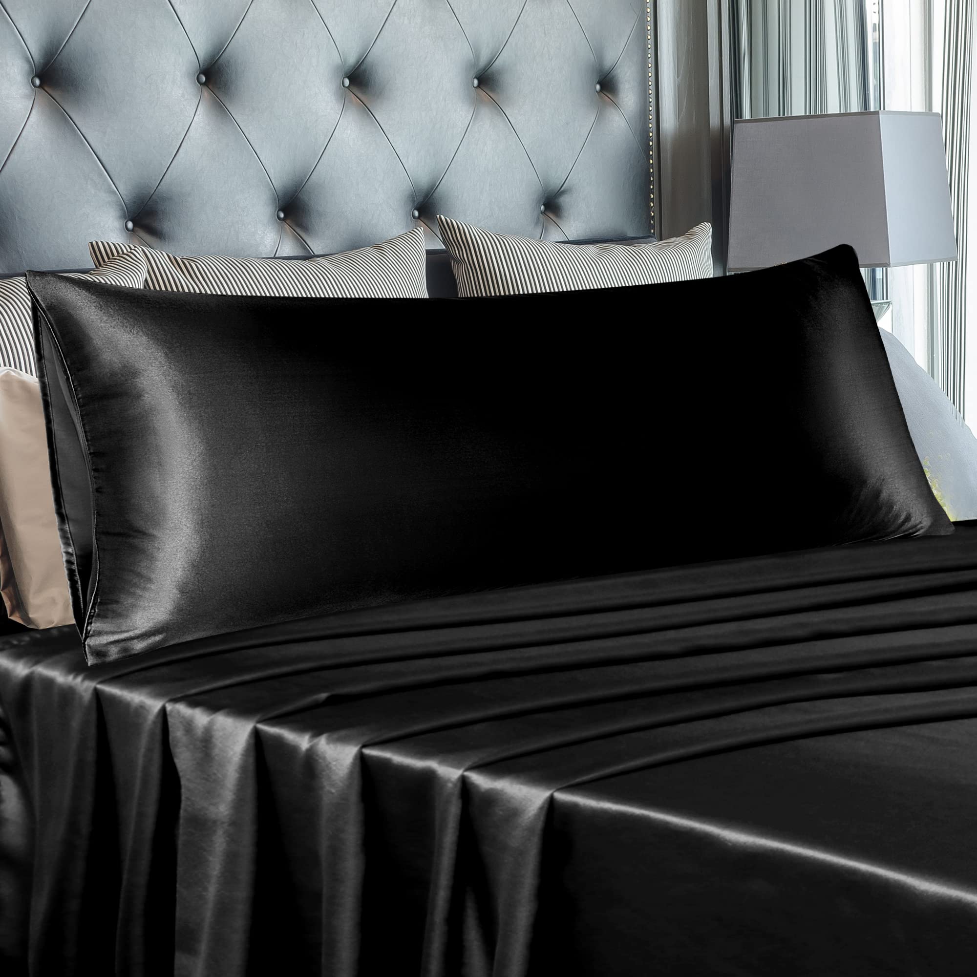 PiccoCasa 1 PC Satin Body Pillowcases for Hair and Skin Luxury Silky Pillow Cover Luxury Long Satin Pillow Cases with Envelope Closure Black 20"x60" (5ft) - Image 3