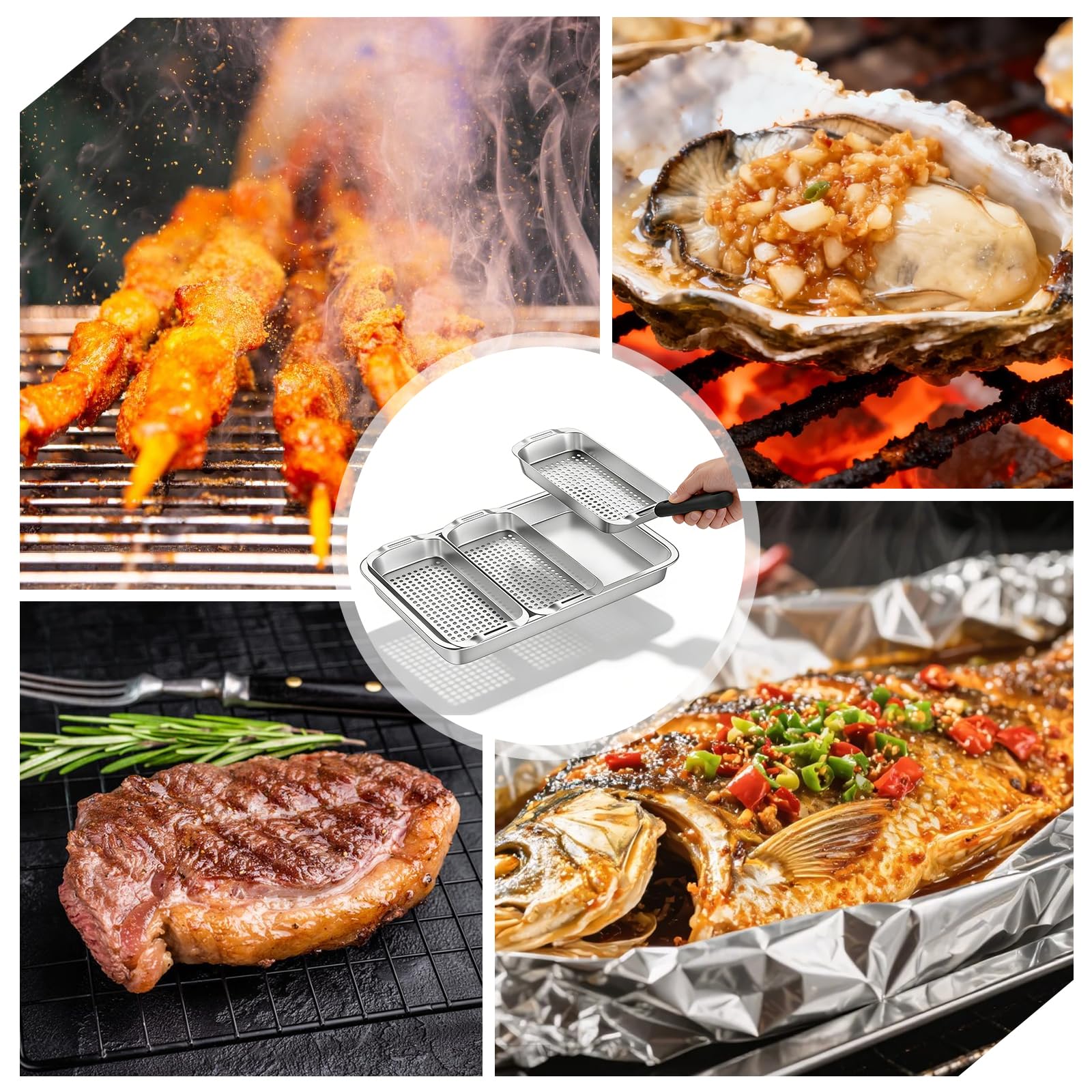 Panier à Barbecue en Acier Inoxydable Set, Panier à Légumes Barbecue avec Trous, Paniers de Grillades Avec Plateau de Service et Poignée Universelle, Accessoires BBQ Pour Poisson Viande Légumes