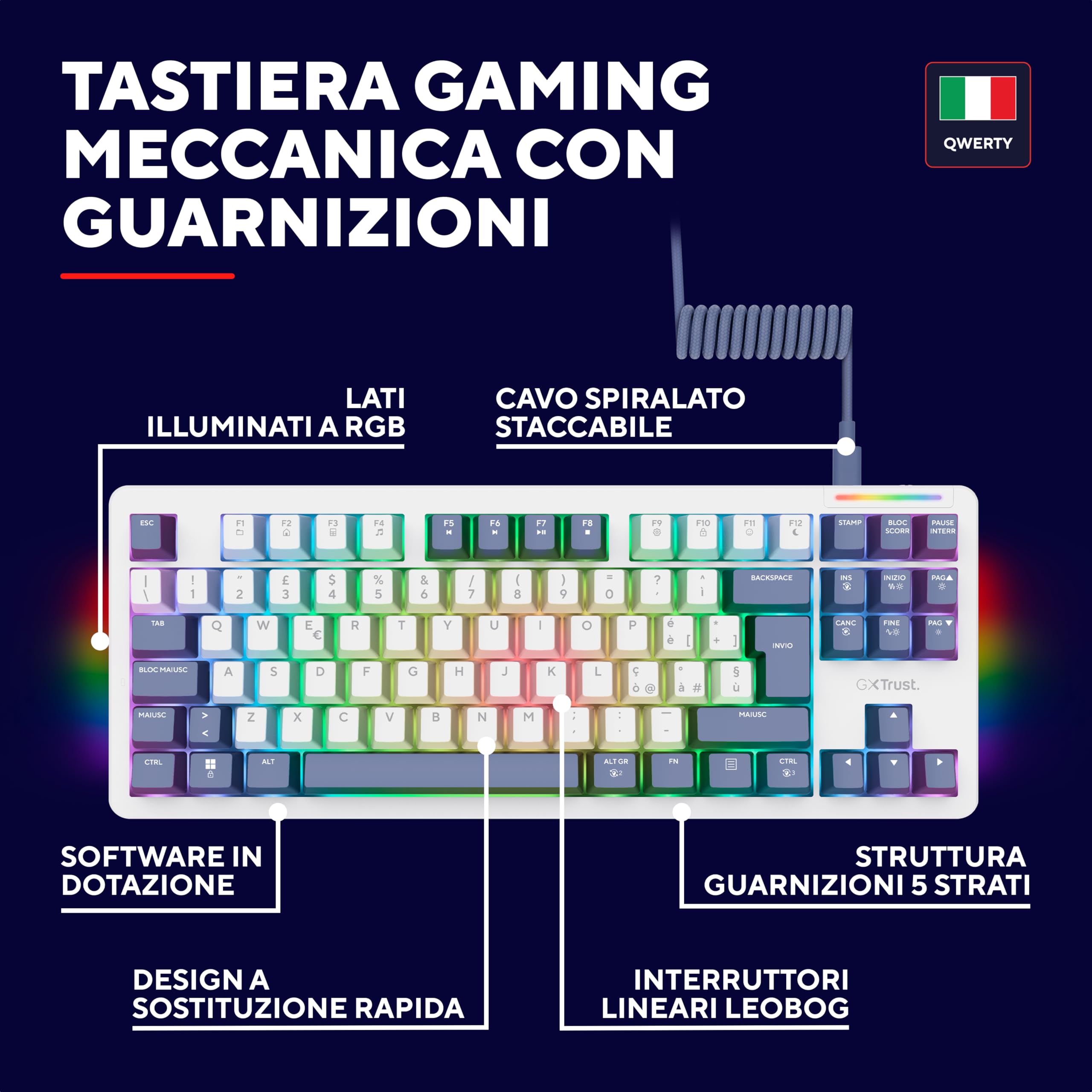 GXTrust 872 Xyra Tastiera Meccanica Gasket TKL Italiano QWERTY, Tastiera Gaming Hot-Swap Creamy 80% Programmabile USB, Retroilluminazione RGB, Interruttori Lineari Leobog 60M 5-pin, Bianco