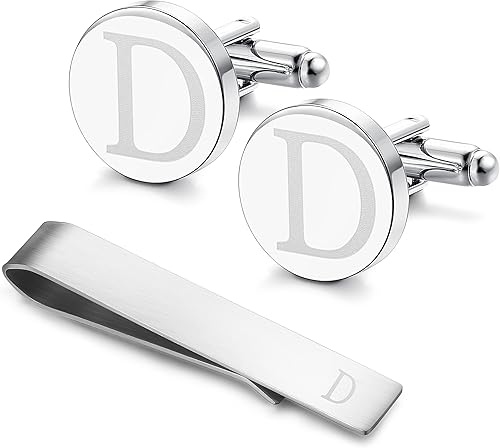 LOYALLOOK - Gemelos de acero inoxidable grabados con inicial y clip de corbata diseño de letras del alfabeto con caja de regalo A-Z