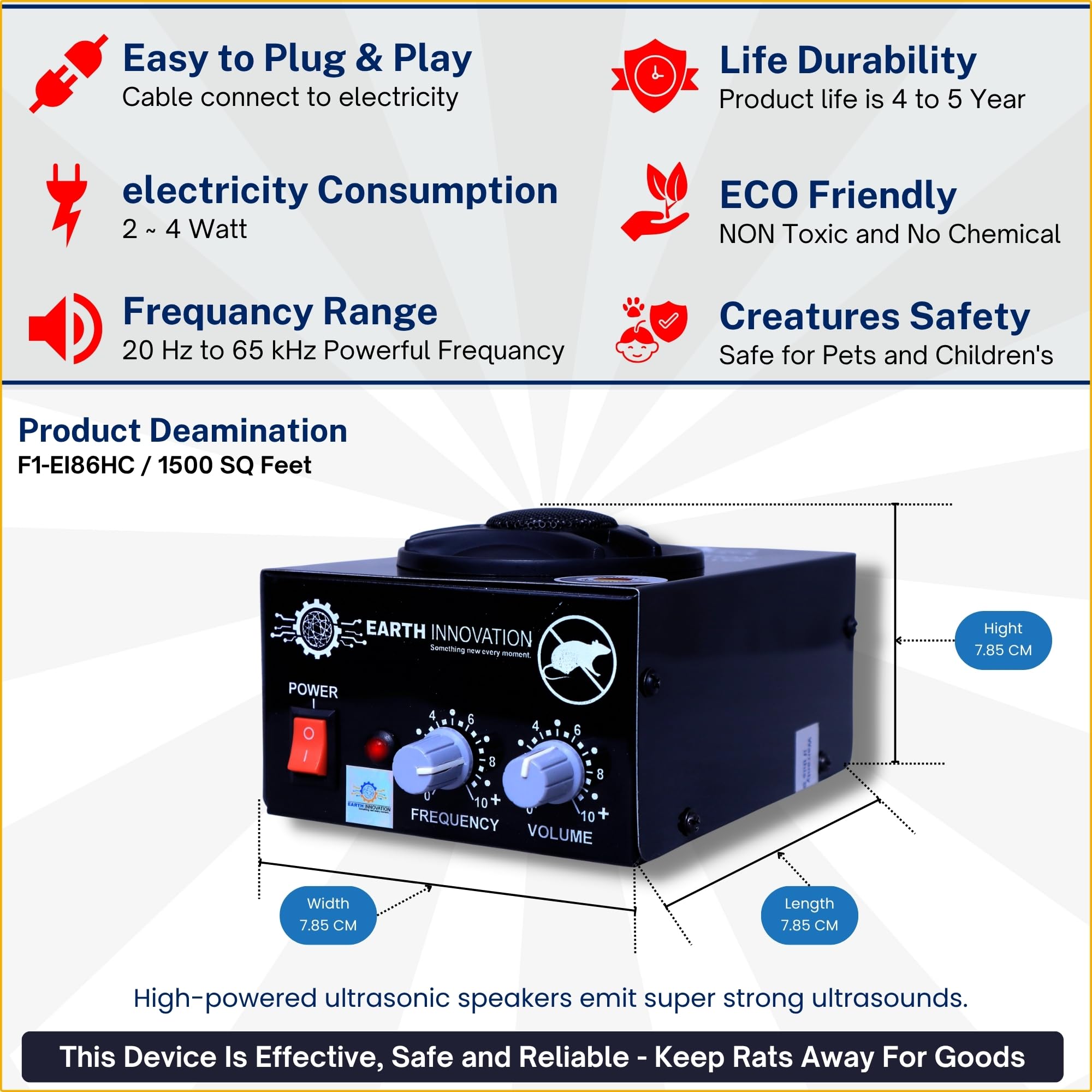 Earth Innovation™ Ultrasonic Sound Rat and Rodent 6th Generation Pest Repeller Device use for Home, Office, Storeroom, Restaurant Kitchen, Store, Hotel Rooms, Car Parking Area Etc. (Black - 1500 SQ) 4