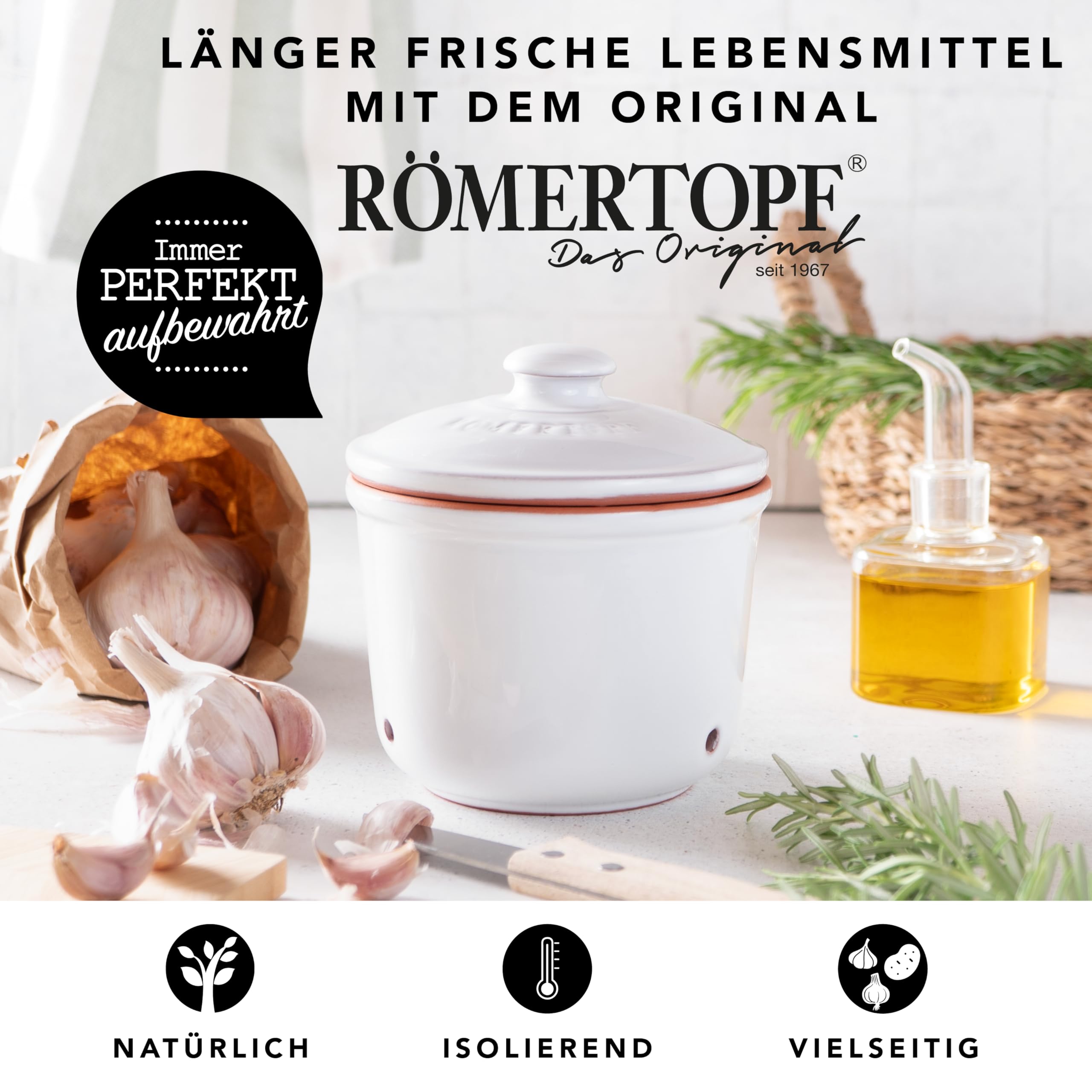 Römertopf Mini pot fraîcheur en céramique 0,6 l – Argile respirante pour garder les légumes frais plus longtemps – Circulation de l'air idéale – Blanc