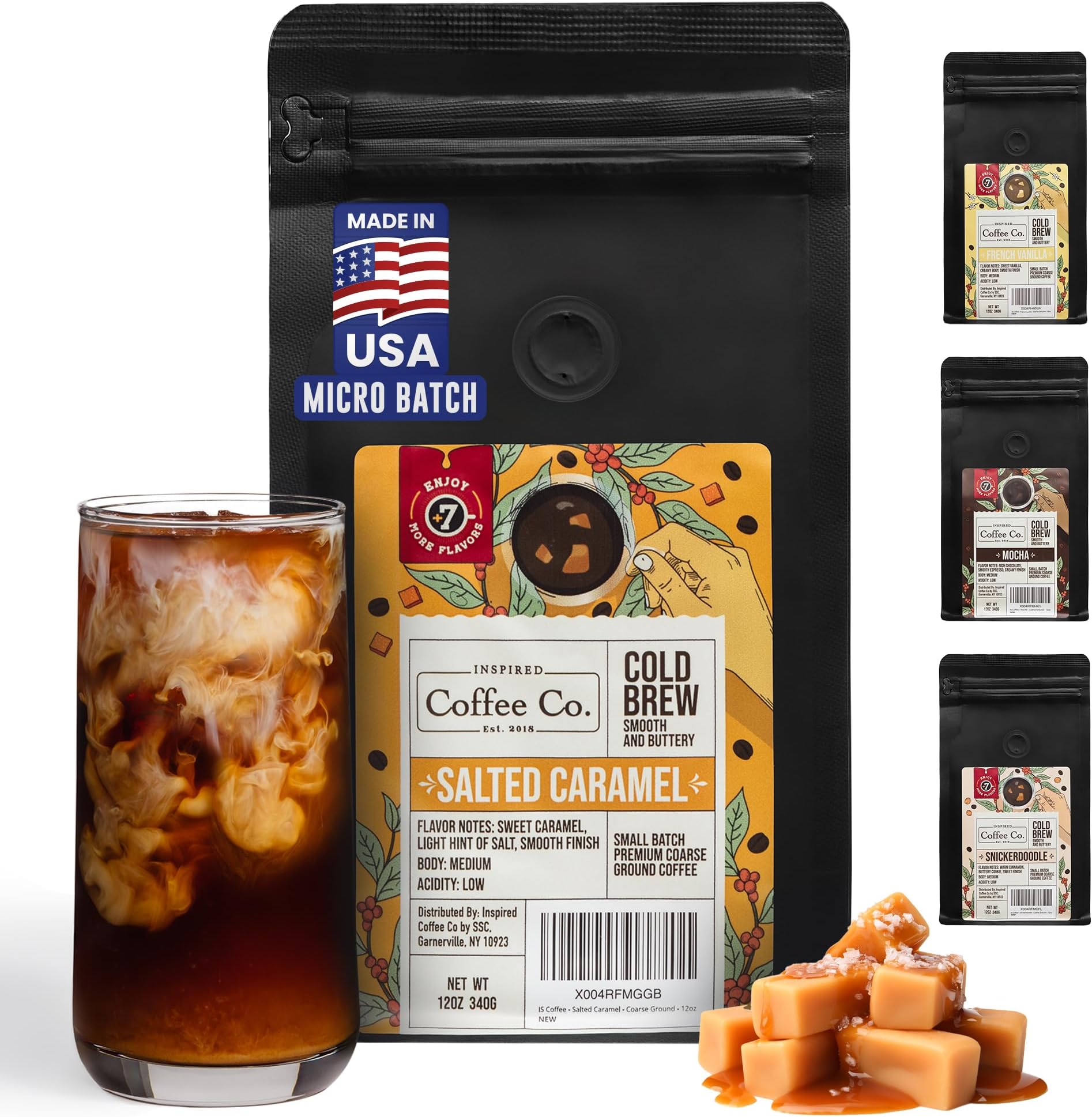 Inspired Coffee Co Cold Brew Coffee - Salted Caramel Flavored - Coarse Ground Beans For Perfect Medium Roast Low Acid Smoother Taste - 100% Arabica Grounds 12 oz. brew Resealable Bag
