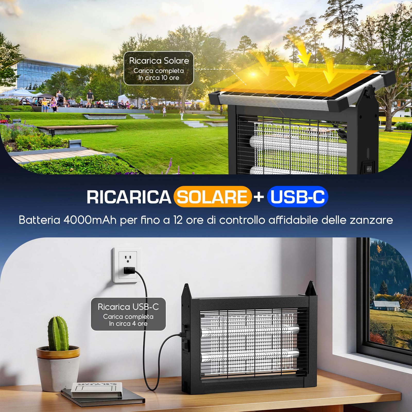 Lampada Antizanzare Solare, Zanzariera Elettrica 4500V da Esterno con Sensore del Pannello, Anti Mosche Elettrico Impermeabile, Ideale per Patio, Giardino e Campeggio (Nero)