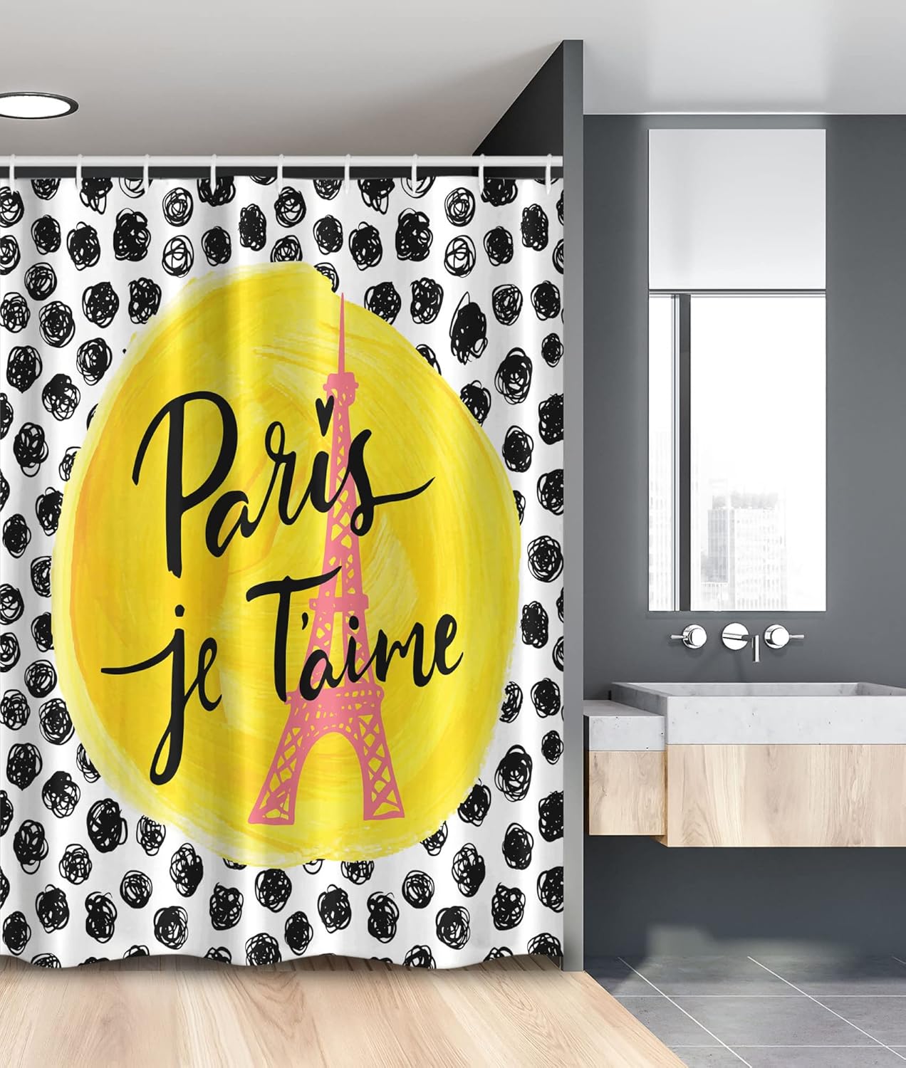 Ambesonne Paris Stall Shower Curtain, Eiffel Tower I Love You Message Polka Dot Background Vintage Art Typography, Fabric Bathroom Decor Set with Hooks, 36" W x 72" L, Mustard Black Pink